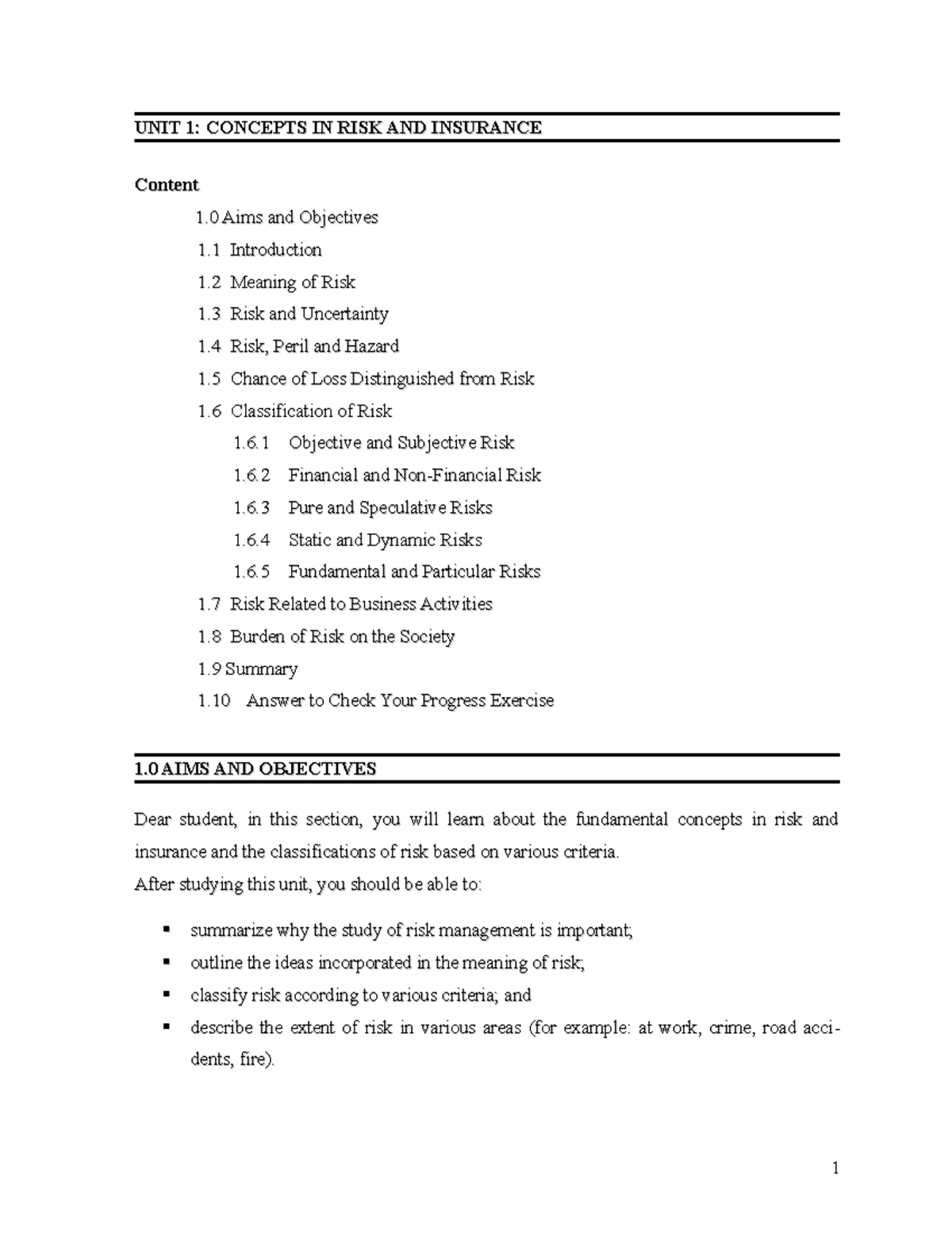 Chapter Course Unit Concepts In Risk And Insuranceunit Concepts In Risk And