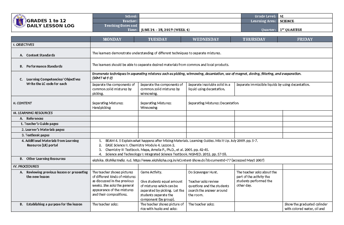 DLL Science 6 Q1 W4 - THIS IS THE DAILY LESSON LOG - GRADES 1 to 12 ...