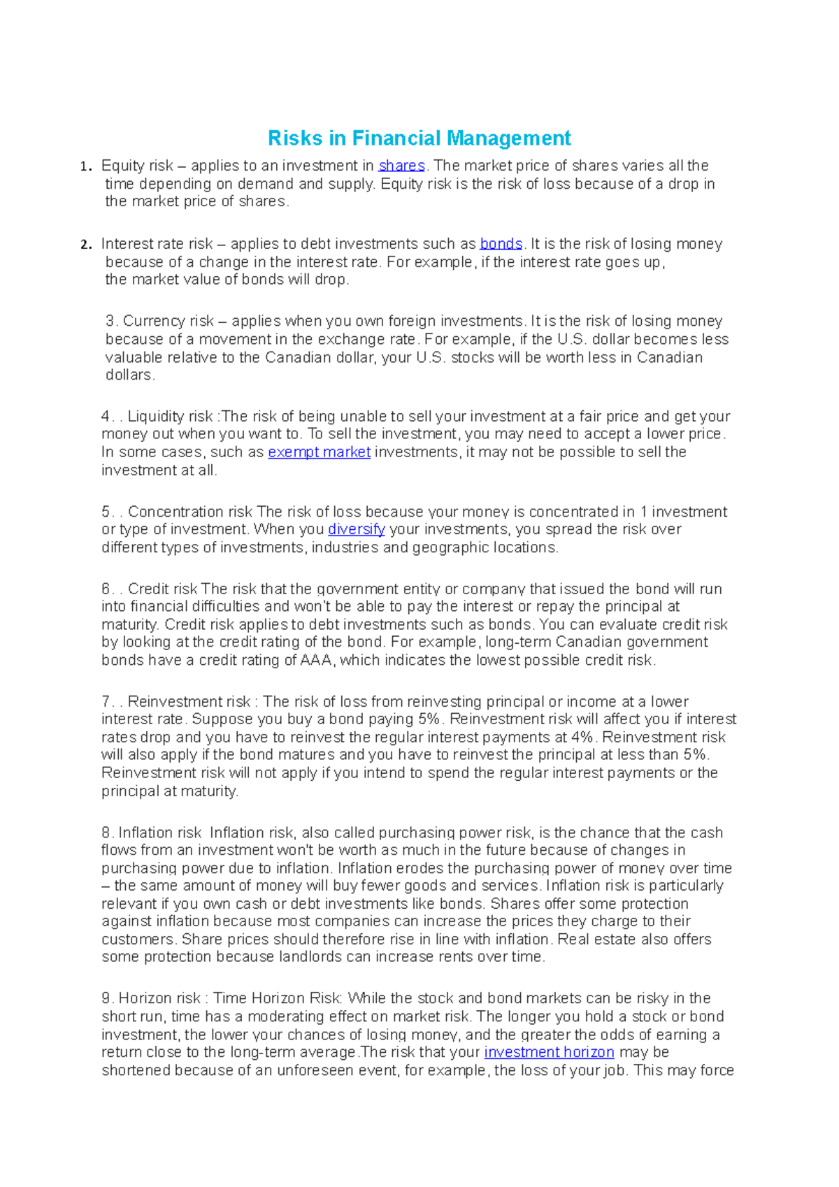Risk - Summary notes on the topic of Risk in Finance - Risks in ...