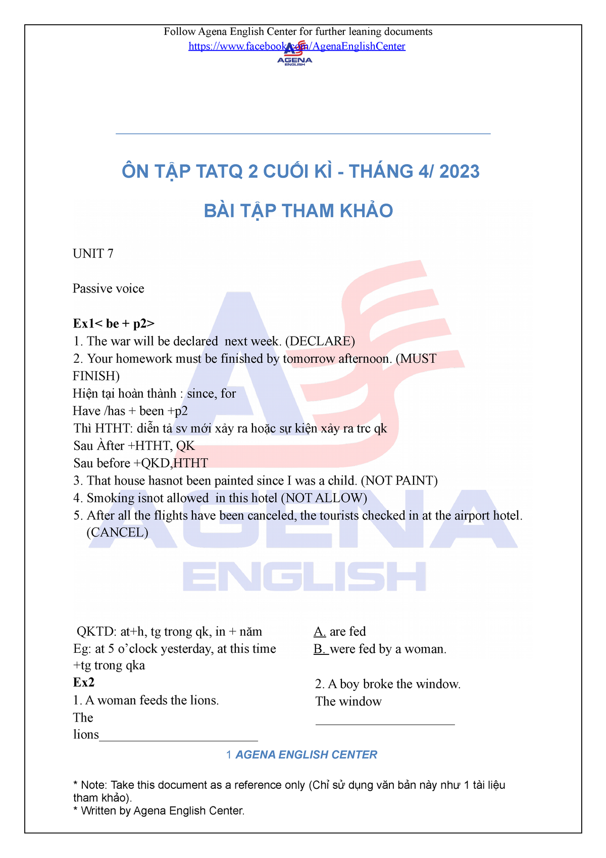 BT Grammar TATQ 2 sàdffd facebook/AgenaEnglishCenter ÔN TẬP TATQ 2