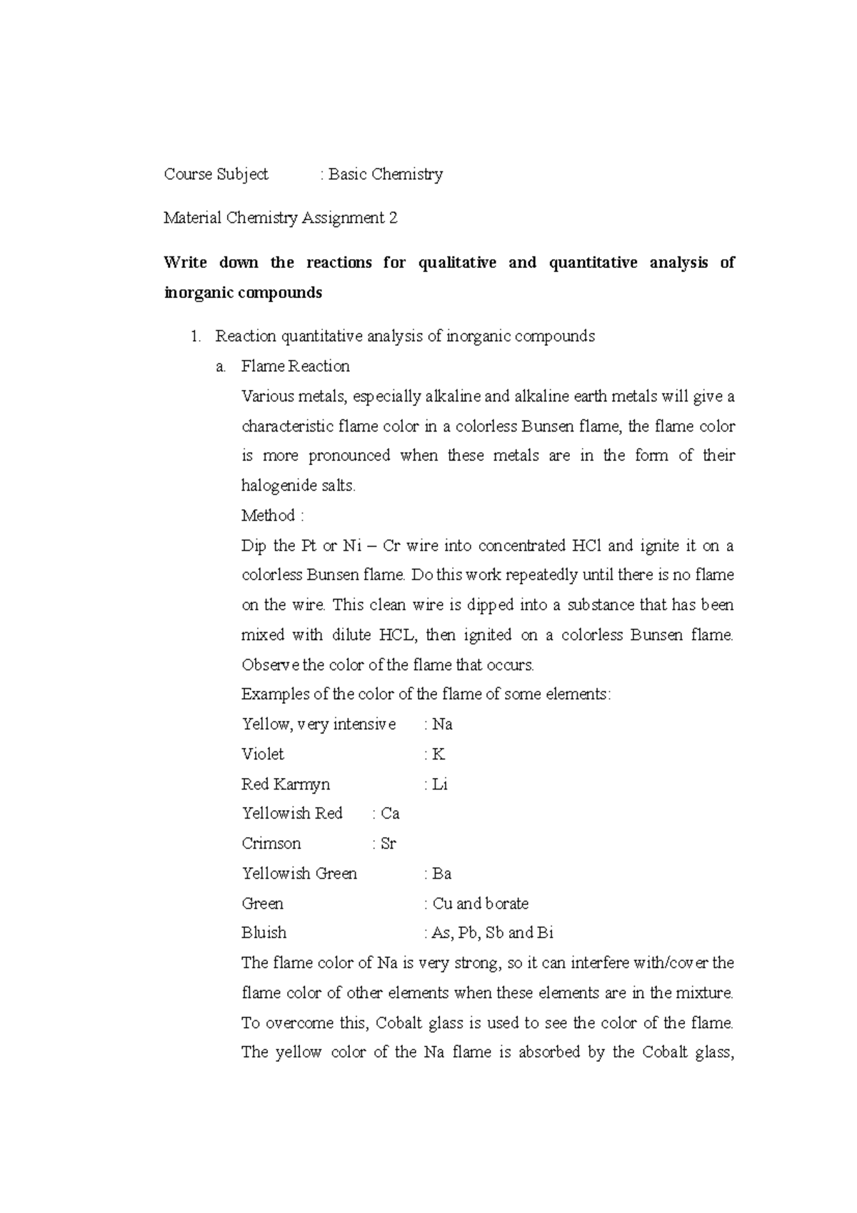 Material Chemistry Assignment 2 Course Subject Basic Chemistry