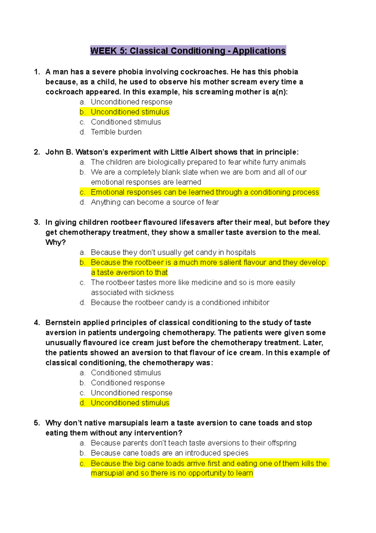 WEEK 5- Human learning questions - WEEK 5: Classical Conditioning ...