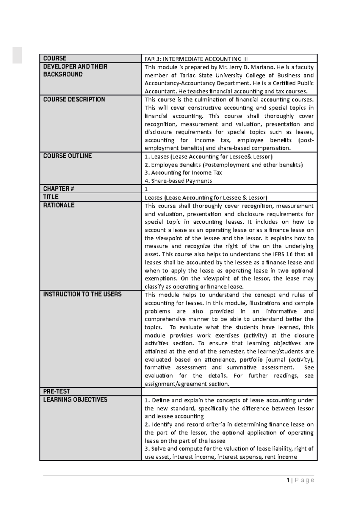 Module Midterm FAR 3 Leases - COURSE FAR 3: INTERMEDIATE ACCOUNTING III ...