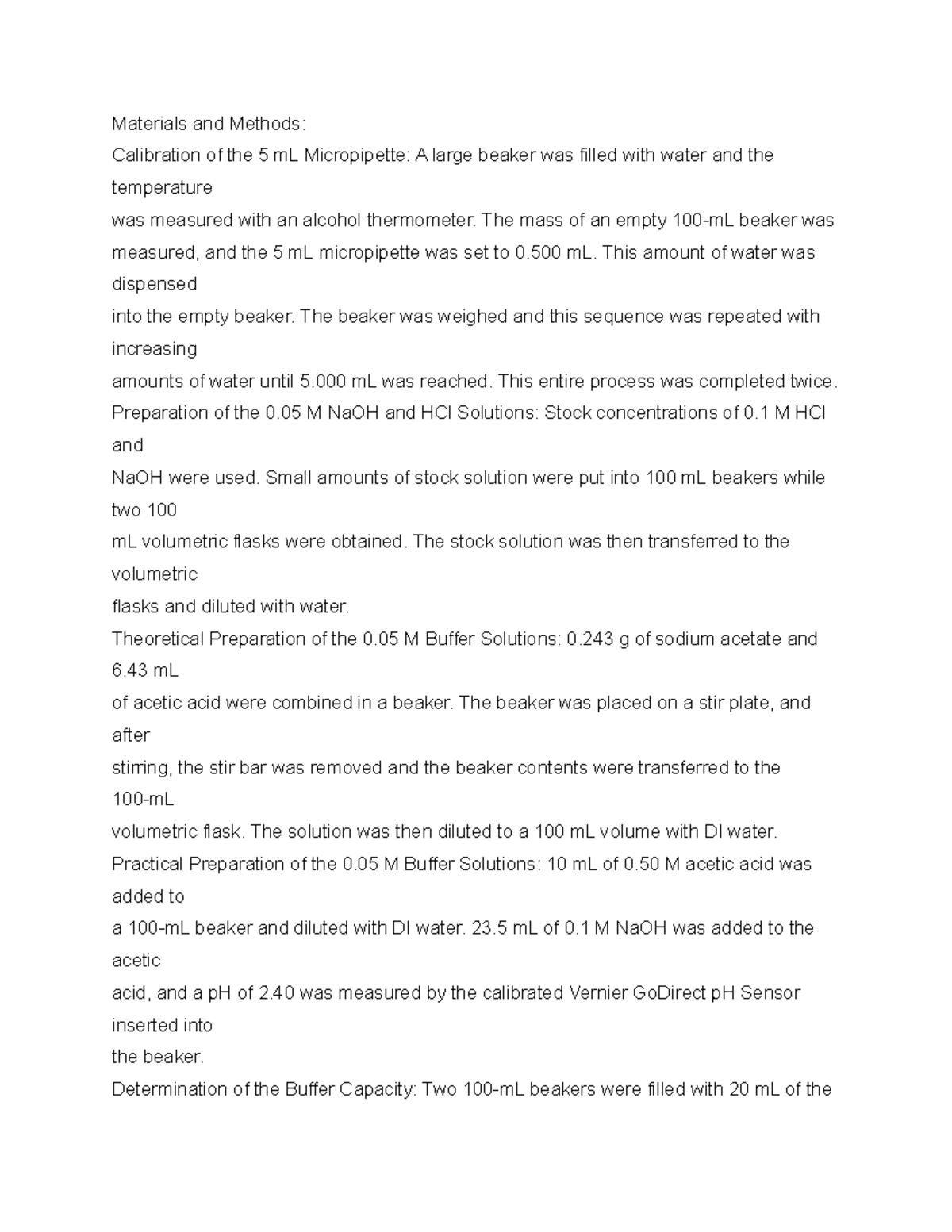 Lab Report Document Materials and Methods Calibration of the 5 mL
