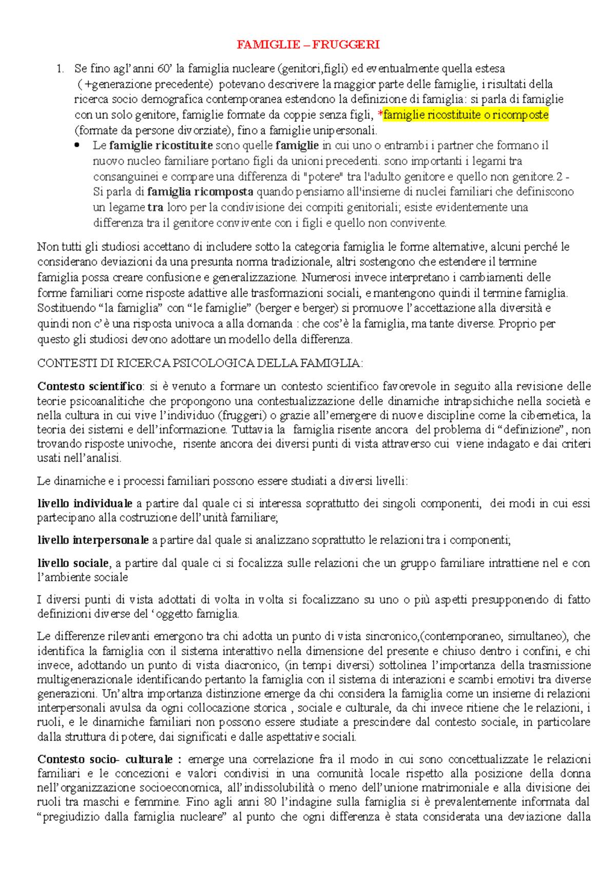 Riassunto Famiglie FAMIGLIE FRUGGERI Se Fino Agl anni 60 La 