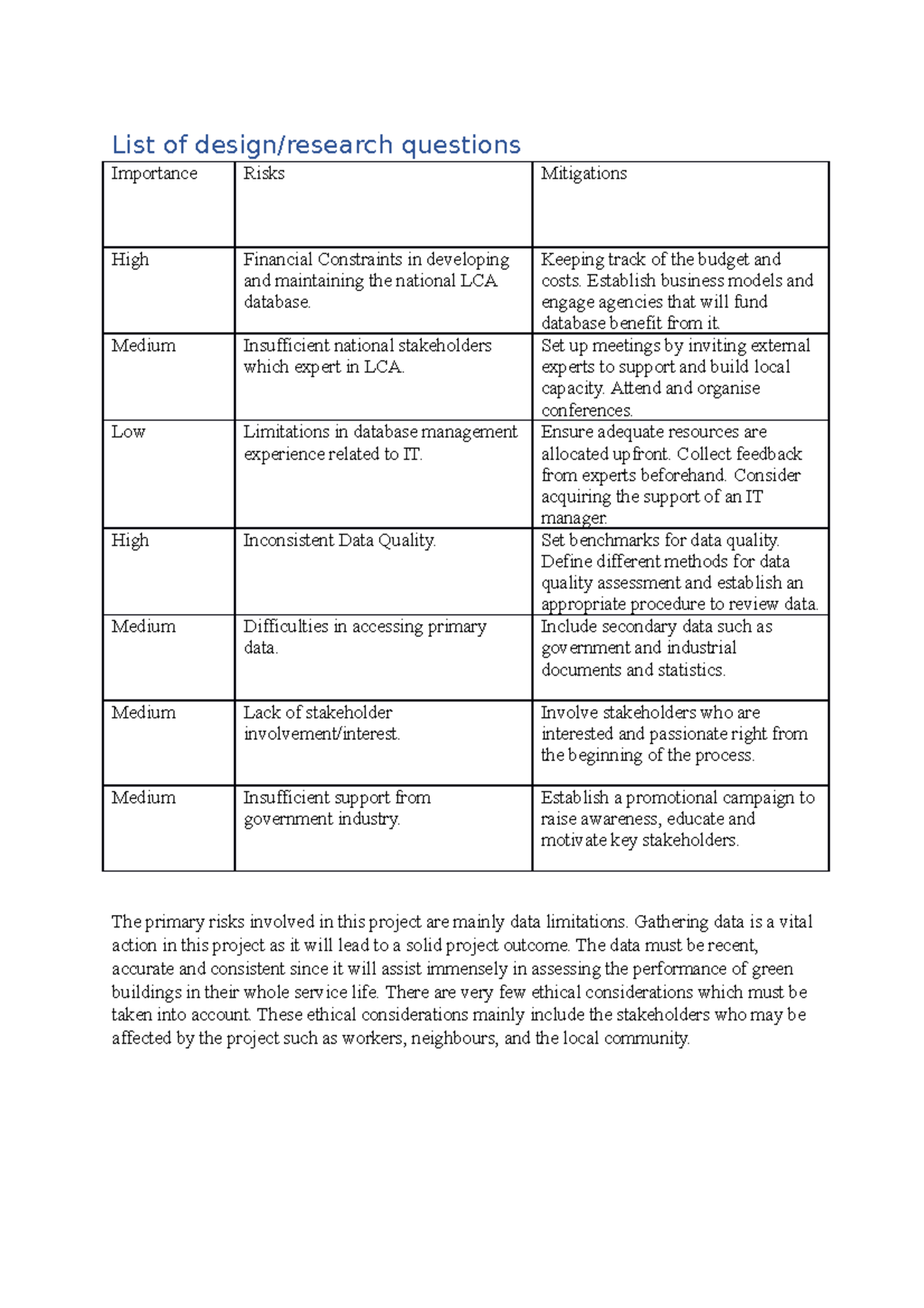 Risk Assessment and Ethical Considerations - List of design/research ...