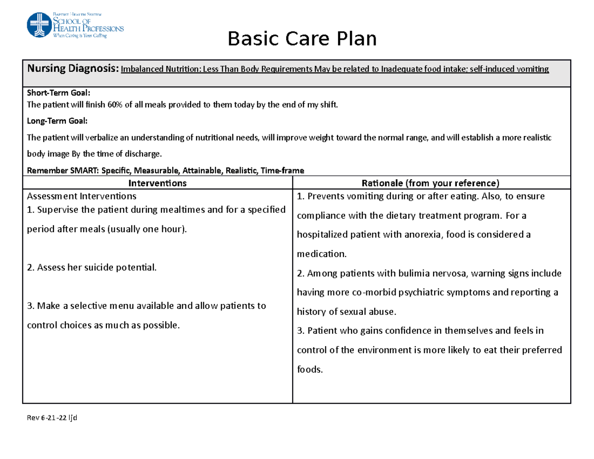 Week 5 Basic Care Plan 2022 - Basic Care Plan Nursing Diagnosis ...