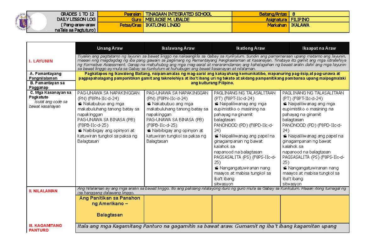 Q2 DLL Fili8 Week3 - God bless. - GRADES 1 TO 12 DAILY LESSON LOG ...
