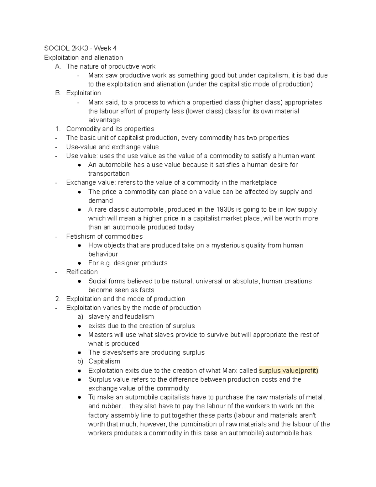 Sociol 2KK3 - Week 4 - SOCIOL 2KK3 - Week 4 Exploitation And Alienation ...