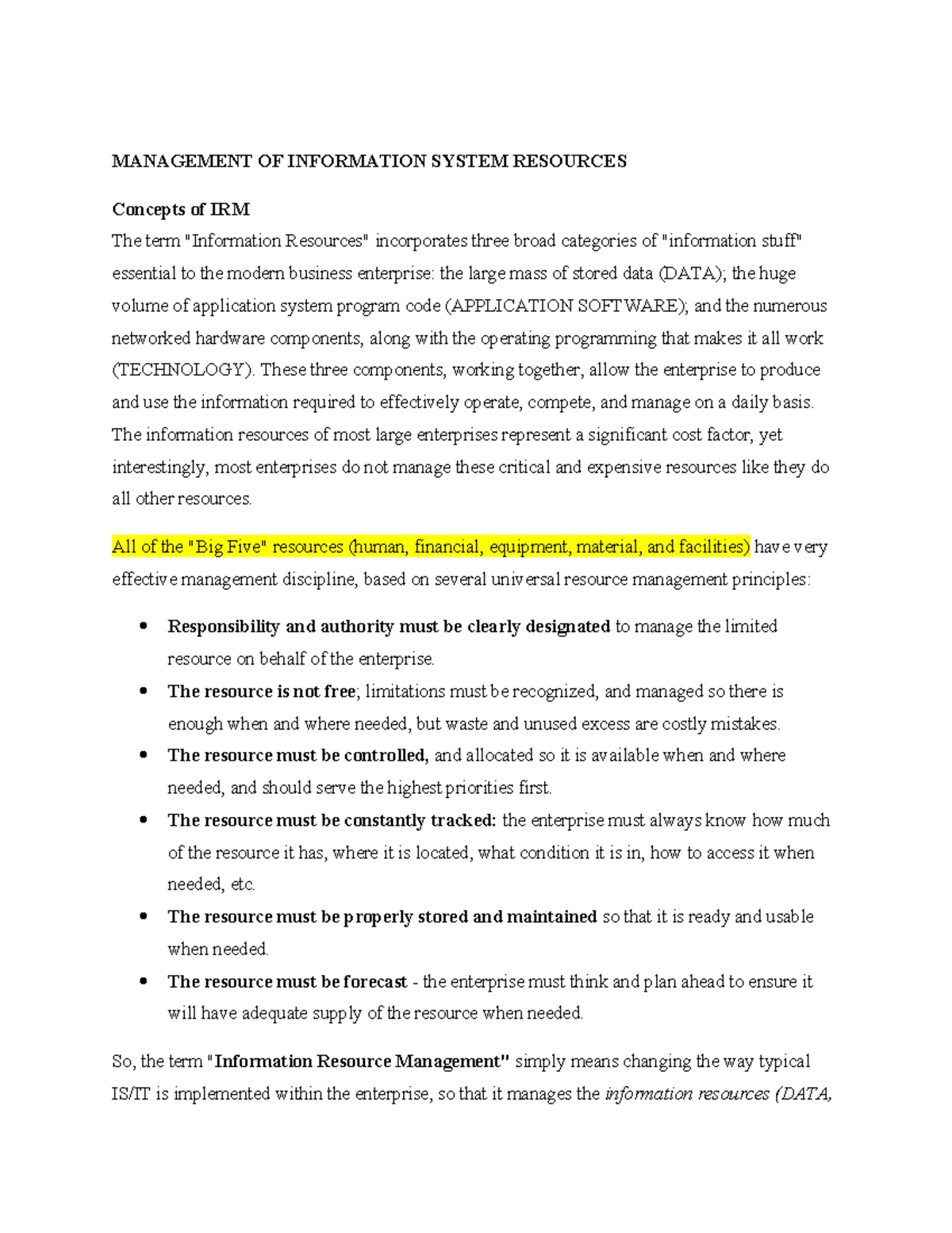 MIS topic 3 - Easy notes - MANAGEMENT OF INFORMATION SYSTEM RESOURCES ...