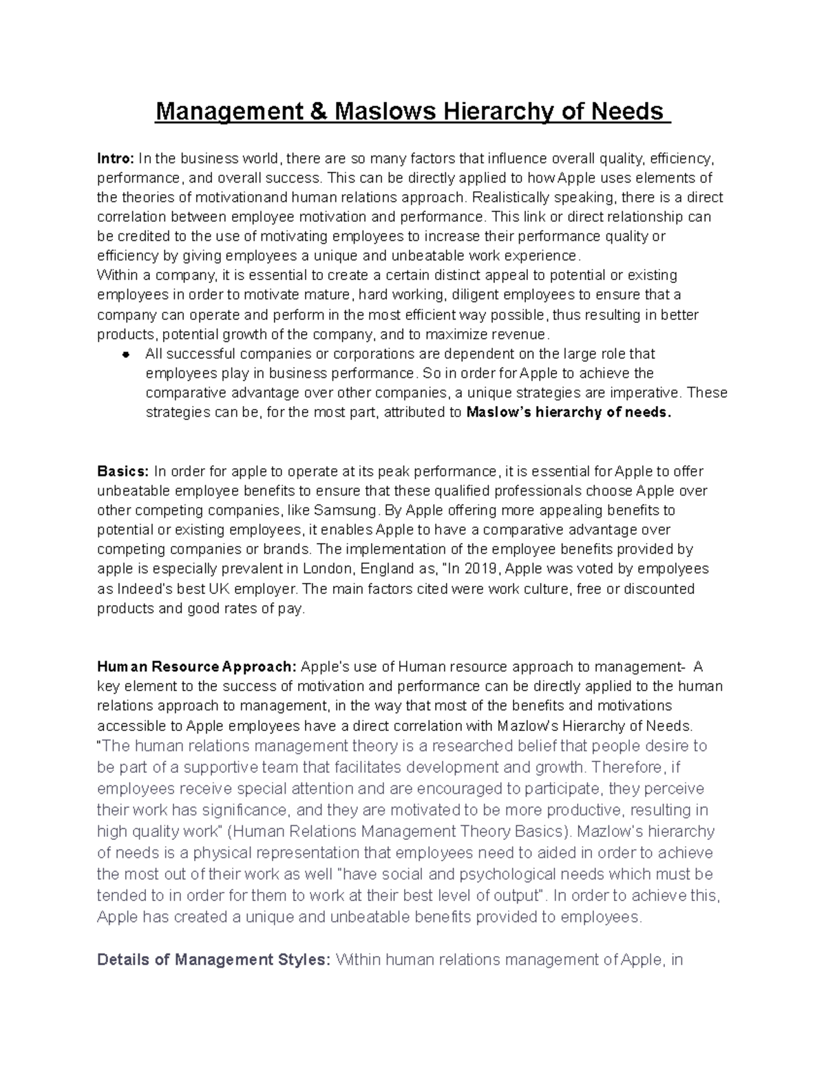 MGMT3000 Notes over Maslow's Hierarchy of Needs - Management & Maslows ...