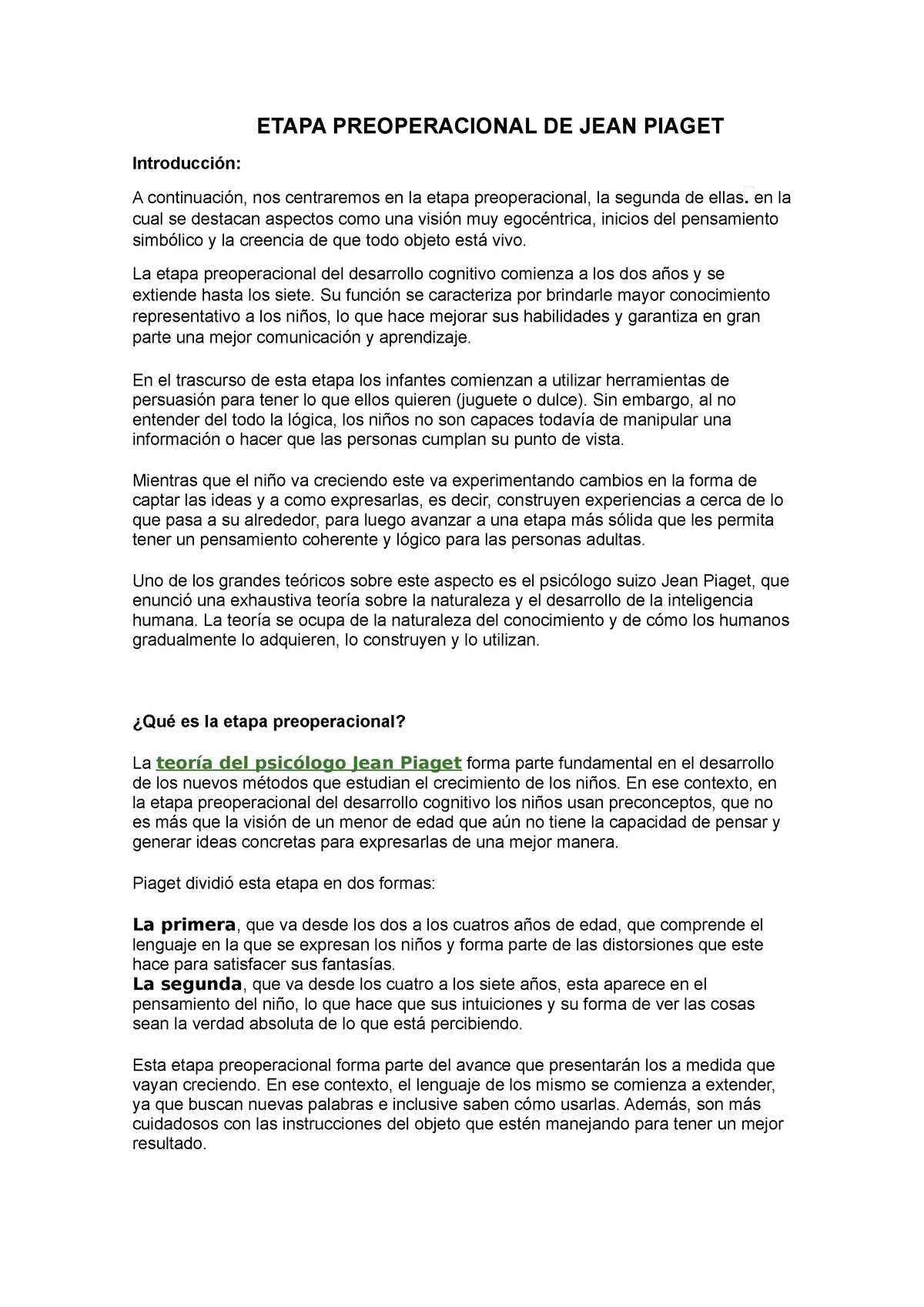 Etapa Preoperacional psicologia ETAPA PREOPERACIONAL DE JEAN