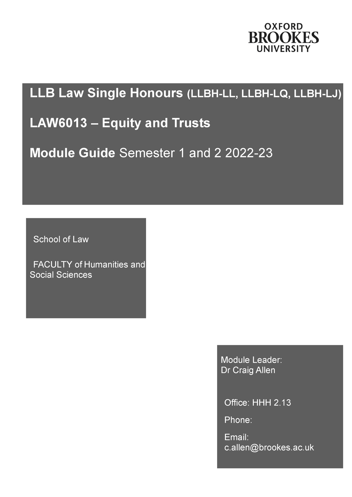 Equity And Trusts (LAW6013) 2022-2023 Handbok Updated - LLB Law Single ...