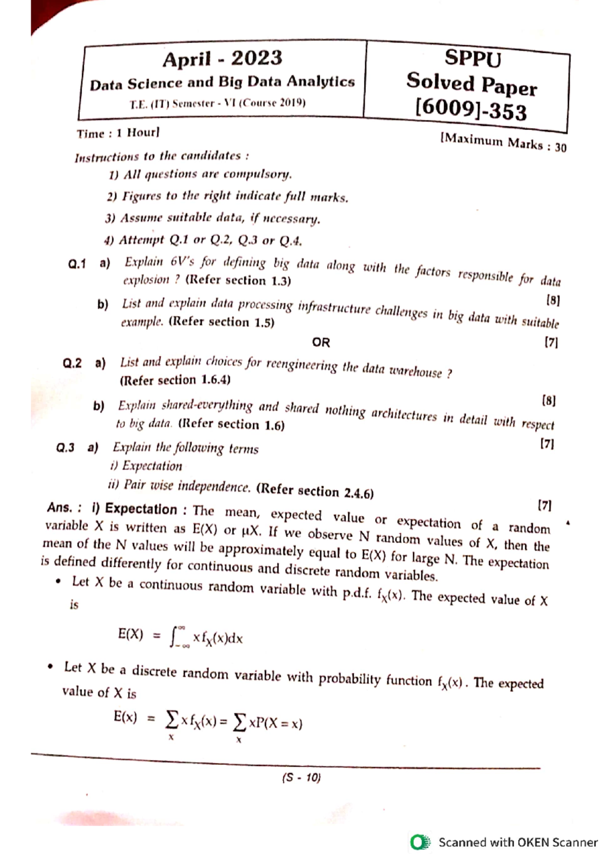 Dsbda Question Paper - Information technology - Studocu
