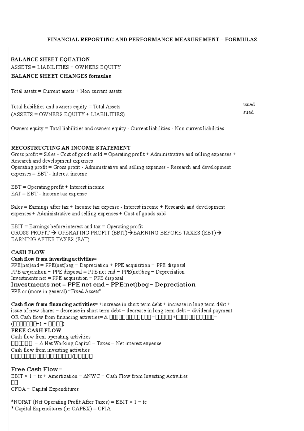 Formule utili per l'esame - FINANCIAL REPORTING AND PERFORMANCE ...