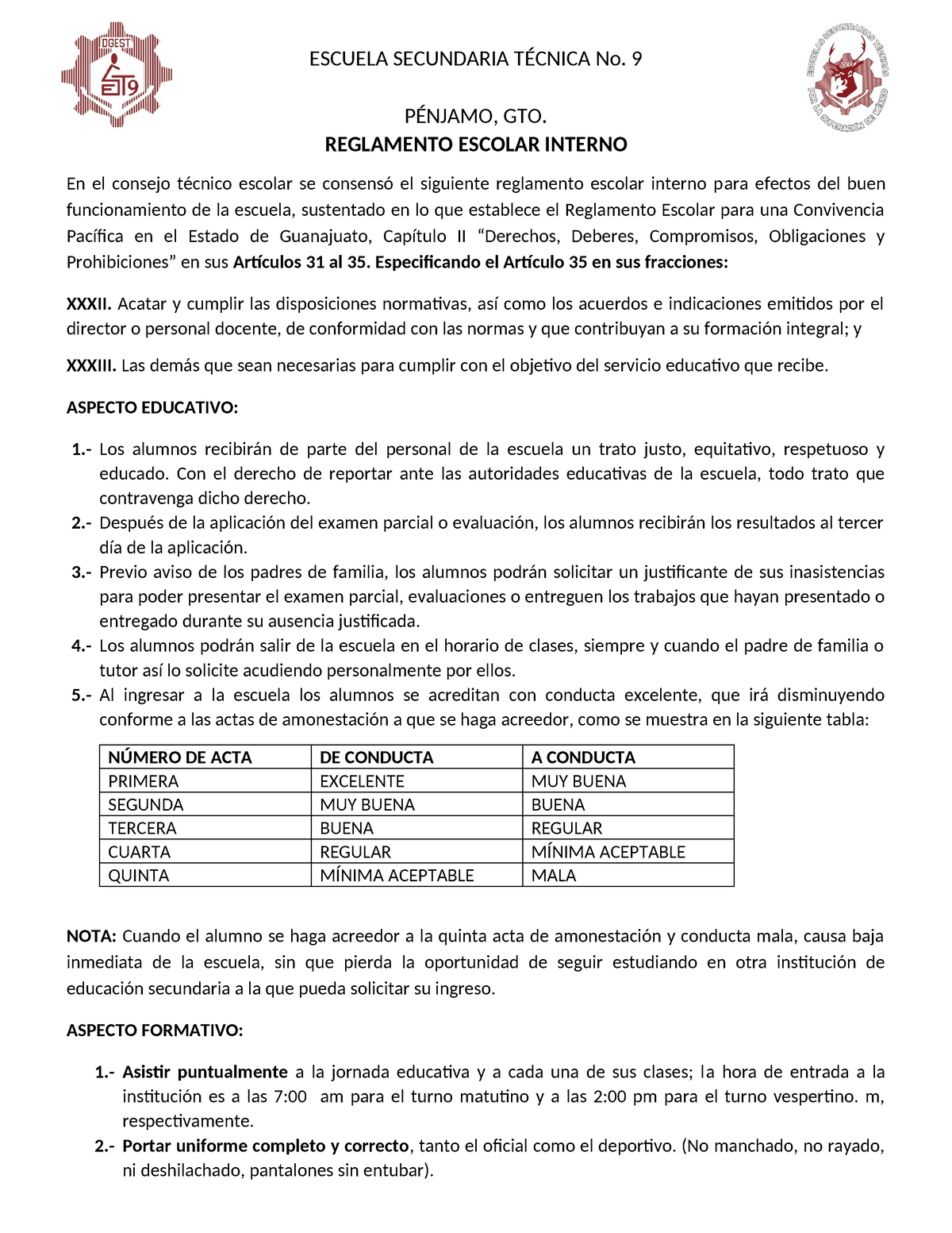 Reglamento Interno Disciplinario Escuela Secundaria T Cnica No P Njamo Gto Reglamento