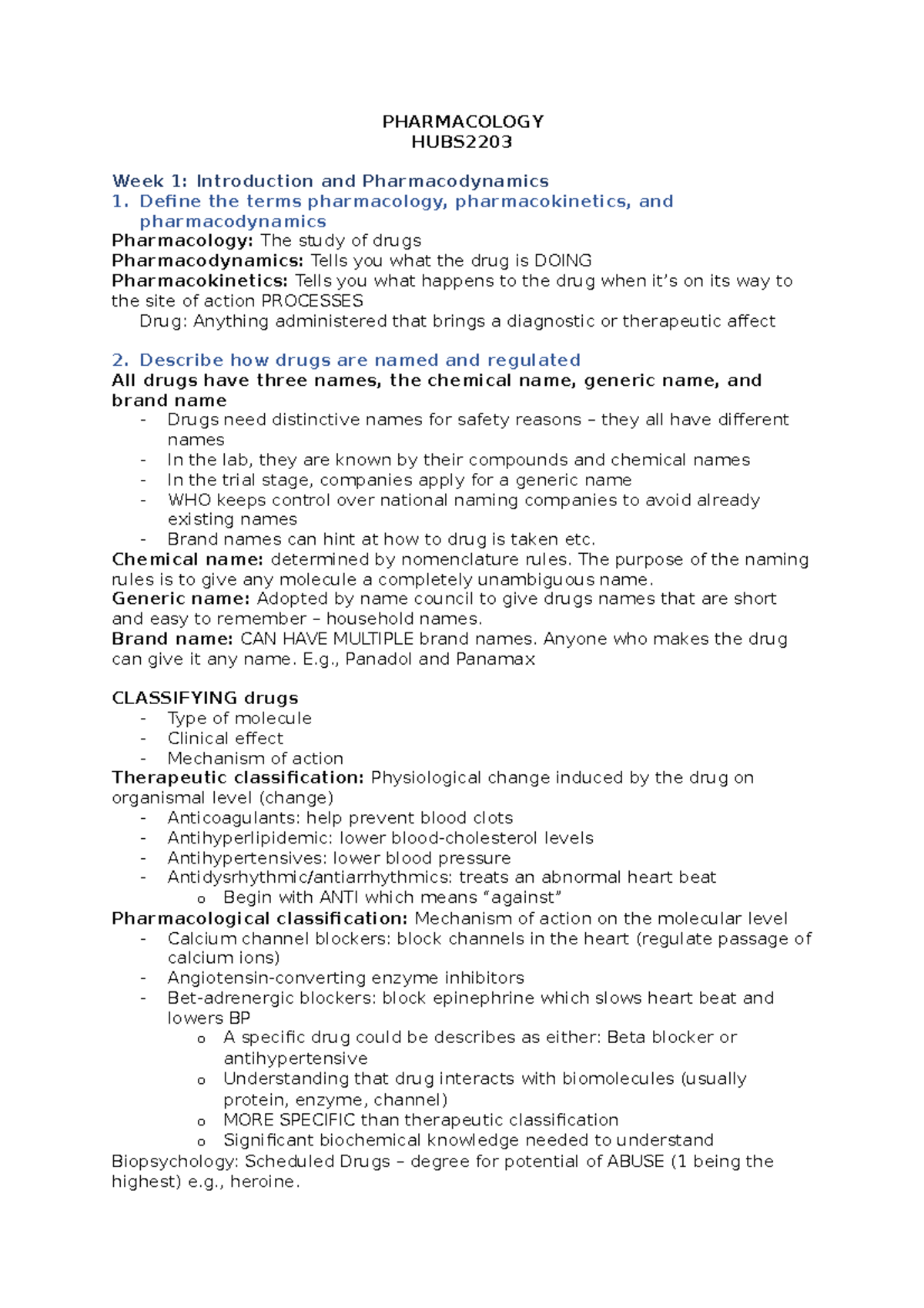 Pharmacology WK1 Notes PHARMACOLOGY HUBS Week 1 Introduction and