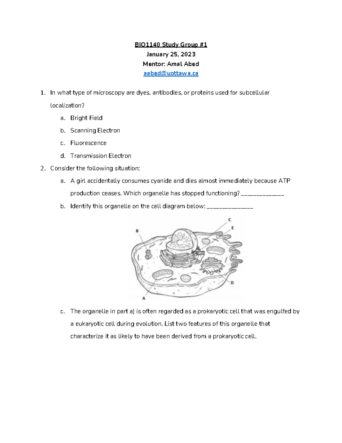 Study Group 1 Worksheet (pdf) - BIO1140 Study Group # January 25, 2023 ...