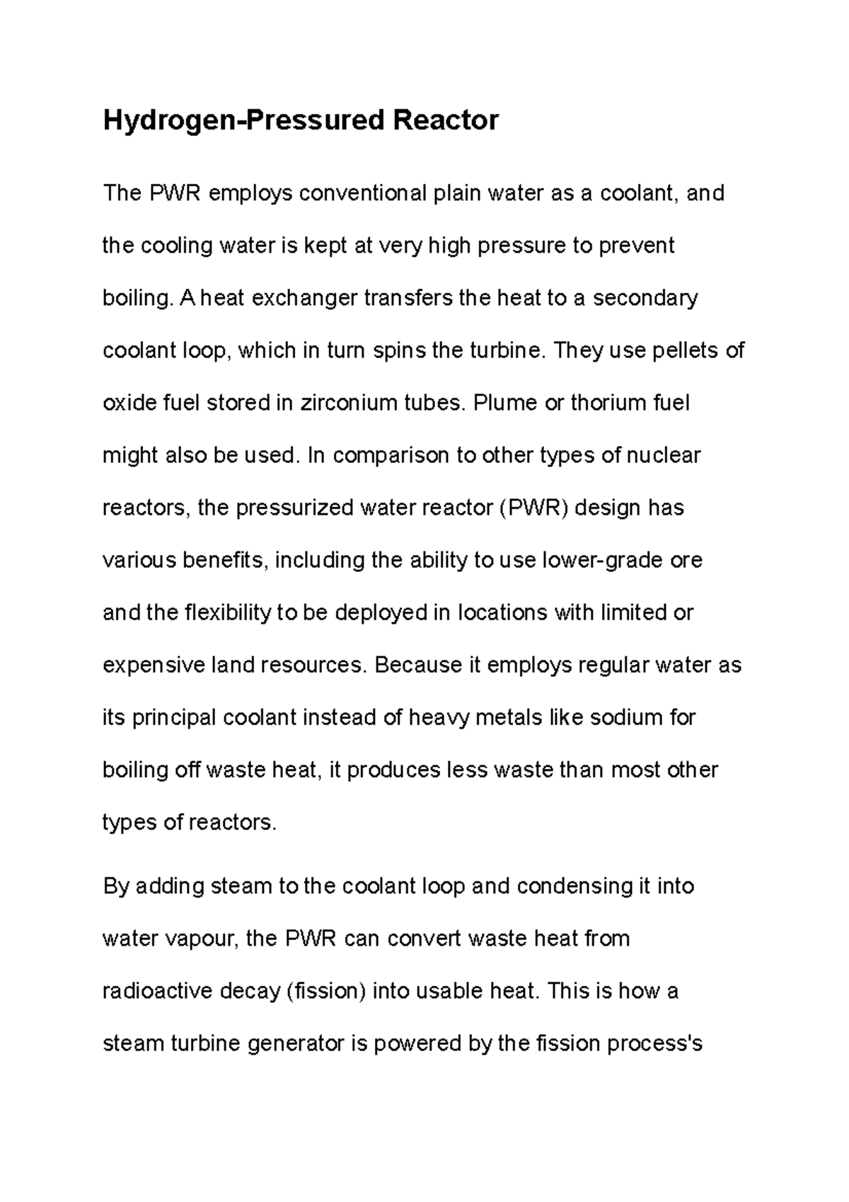 Hydrogen Notes HydrogenPressured Reactor The PWR employs
