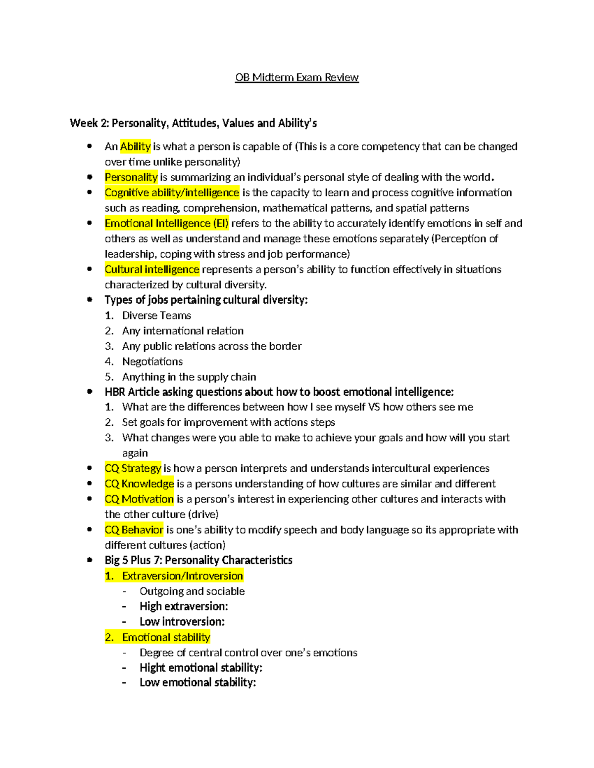 OB Midterm Exam Review - OB Midterm Exam Review Week 2: Personality ...