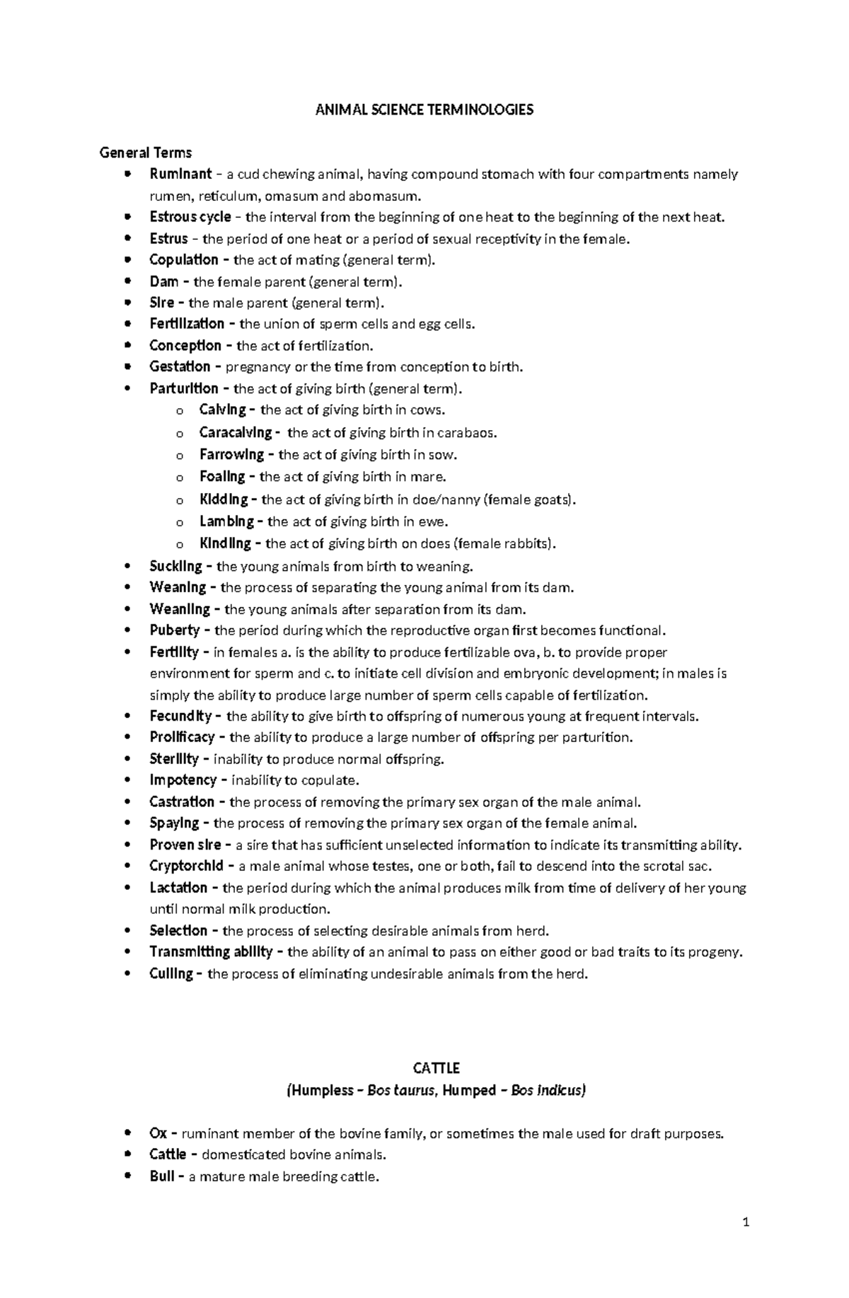 Animalscienceterminologies ANIMAL SCIENCE TERMINOLOGIES General