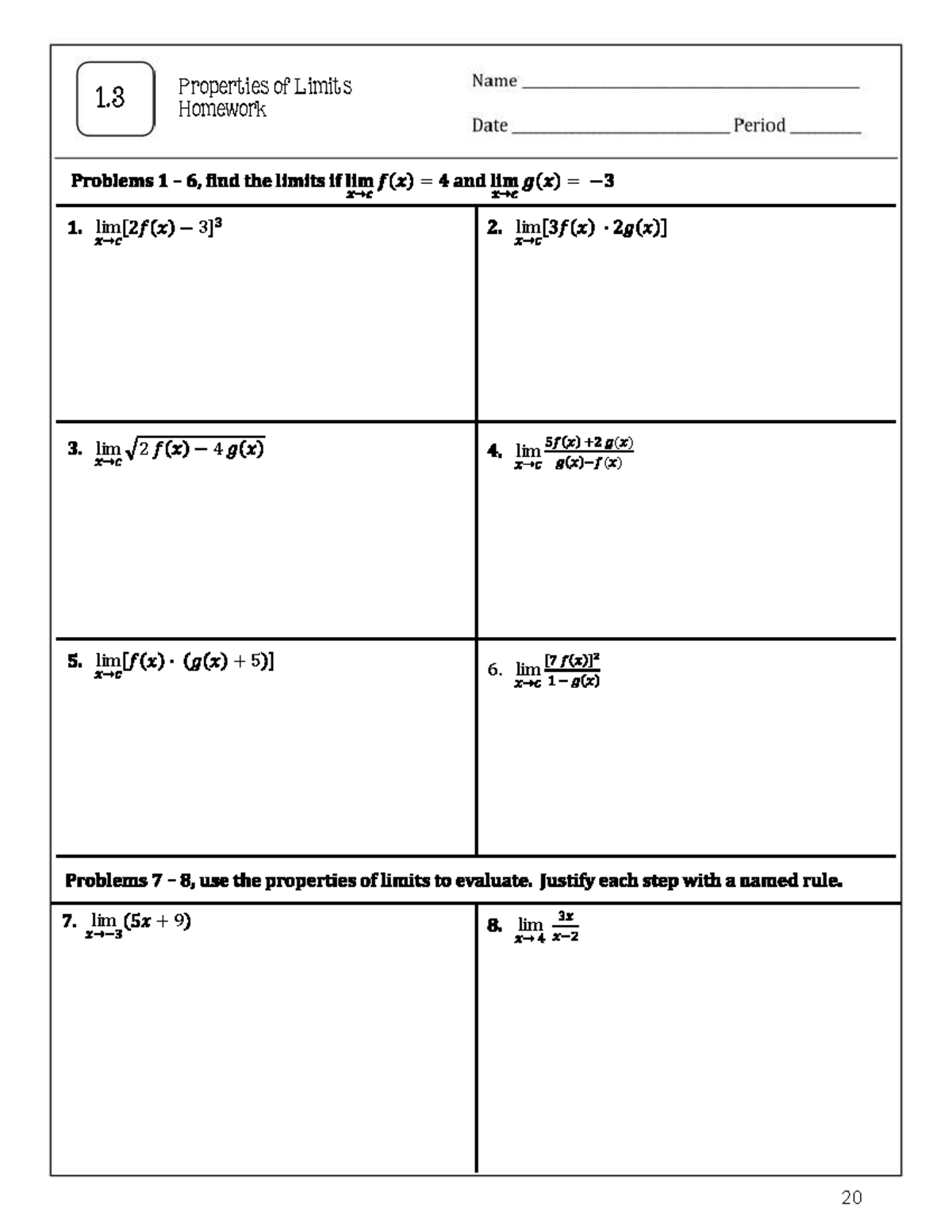 properties of limits homework 1.3