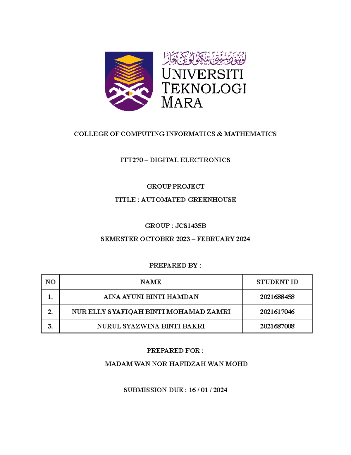 ITT270 Report Latest - COLLEGE OF COMPUTING INFORMATICS & MATHEMATICS ...