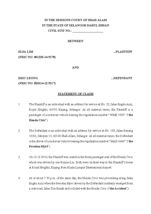 2 Statement Of Claim Tort Soc In The Sessions Court Of Shah Alam In The State Of Selangor Studocu