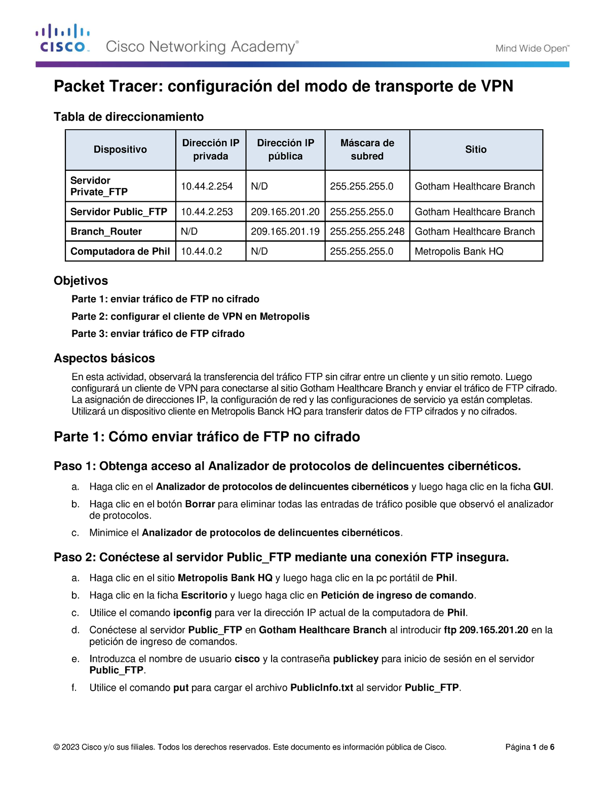 Actividad N°3 - Packet Tracer - Configuring VPN Transport Mode - Tabla ...