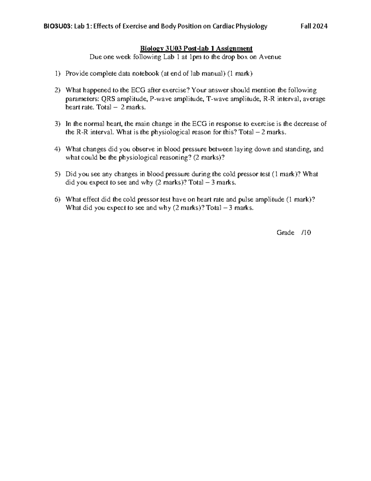 Lab1 Assignment BIO3U03 F24 - BIO3U03: Lab 1: Effects of Exercise and ...