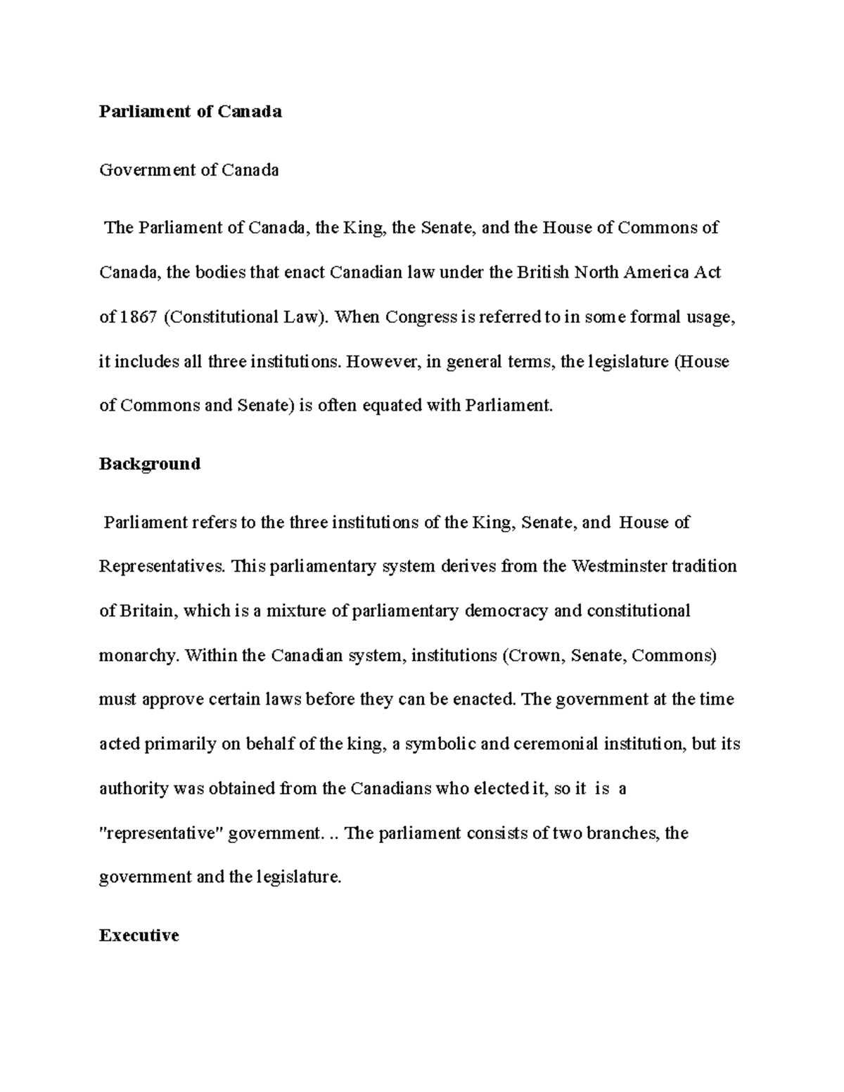 3rd discussion seminar, POLI 1119 topic; Parliament of Canada ...