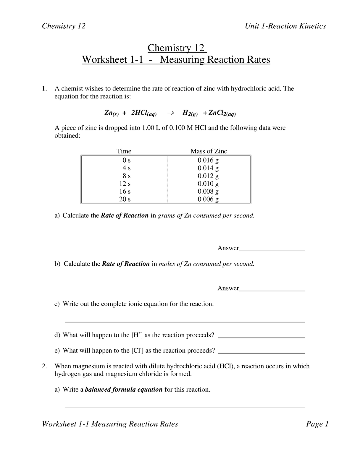 W Mr Colgur Ch 12 Worksheet 1 1 And KEY Chemistry 12 Unit 1 Reaction Kinetics Worksheet 1