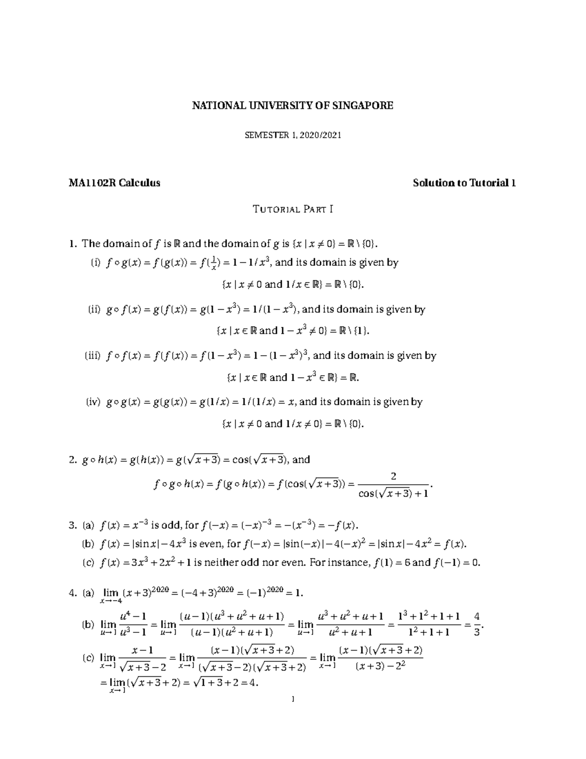 Ma1102r Solution 1 Tutorial Solution 1 Calculus Ma1102r Nus Studocu