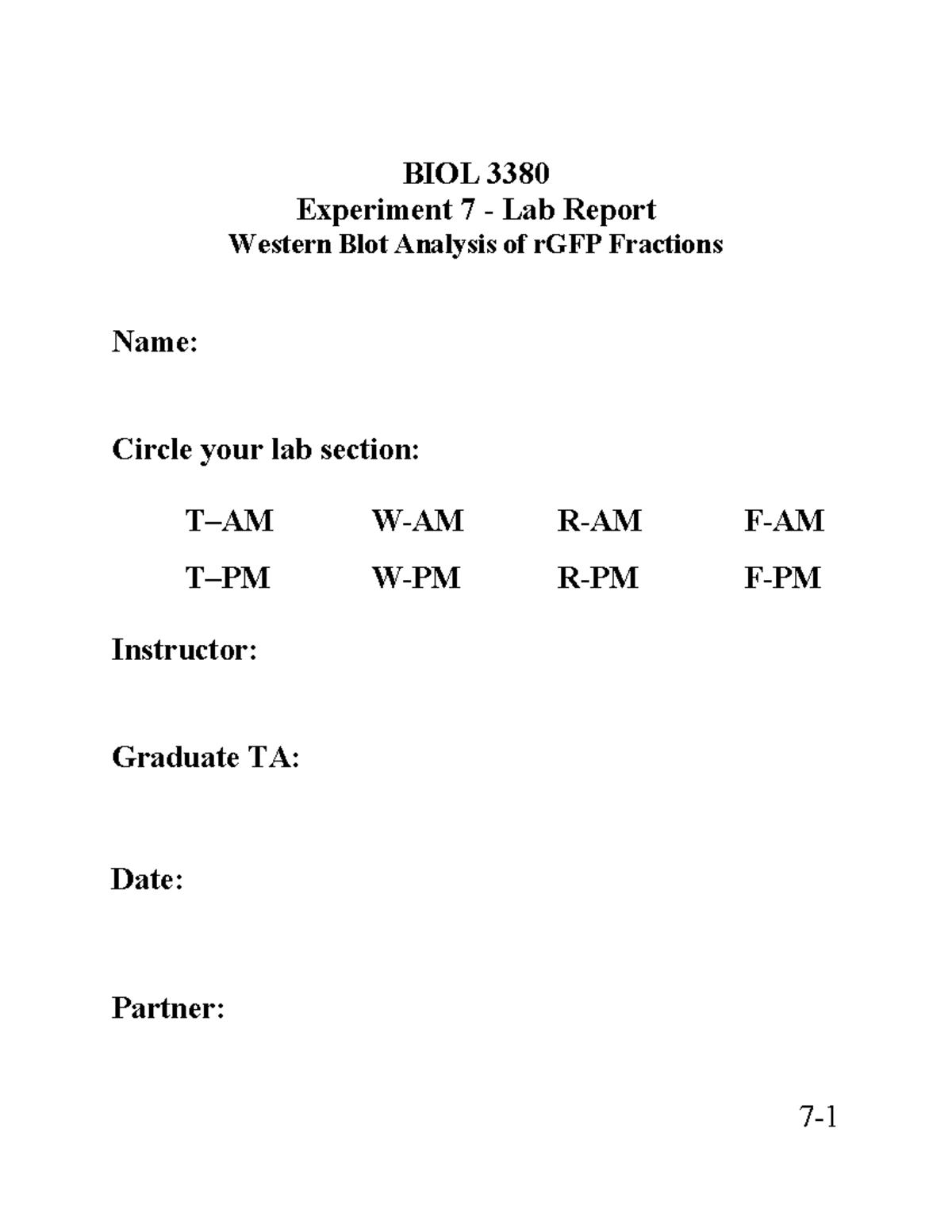 3380 Lab 7 Report - Lab protocol for Lab 7 - BIOL 3380 Experiment 7 ...