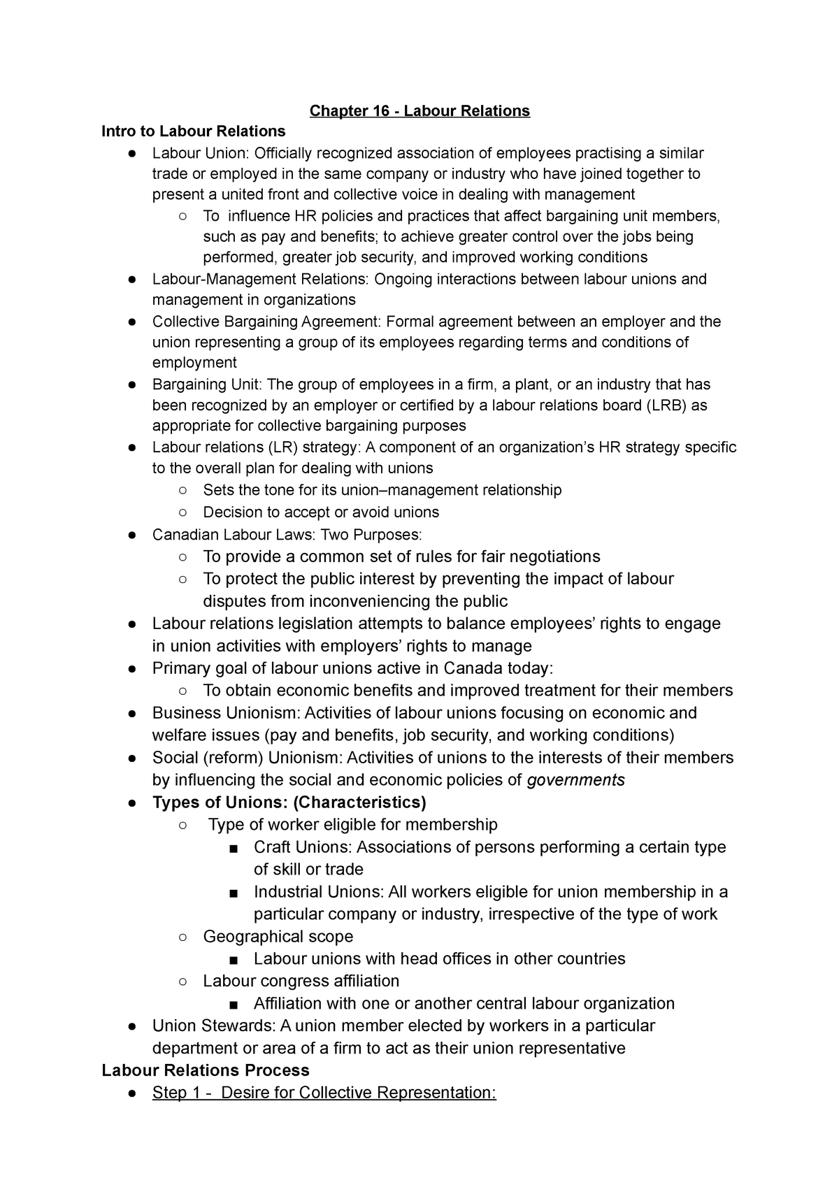 Chapter 16 - Chapter 16 - Labour Relations Intro to Labour Relations ○  Labour Union: Officially - Studocu