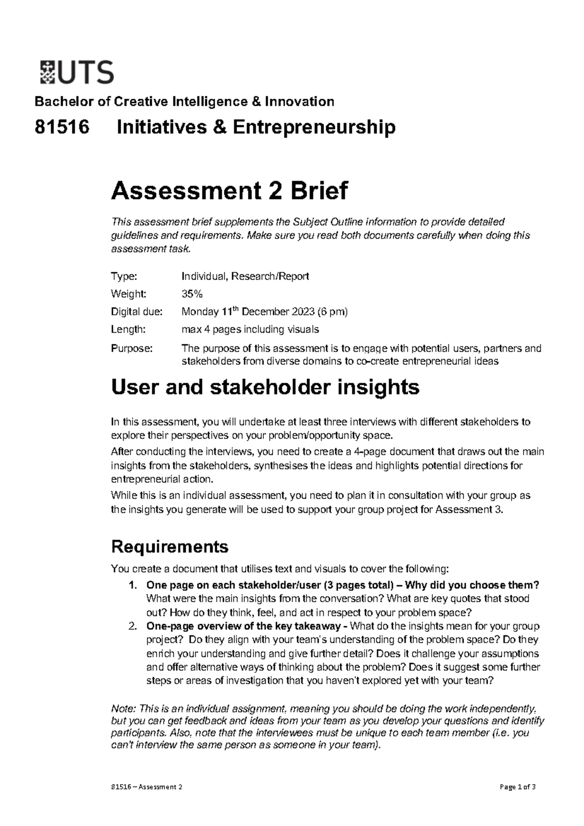 Assignment 2 - Individual Assessment - 81516 – Assessment 2 Page 1 of 3 ...