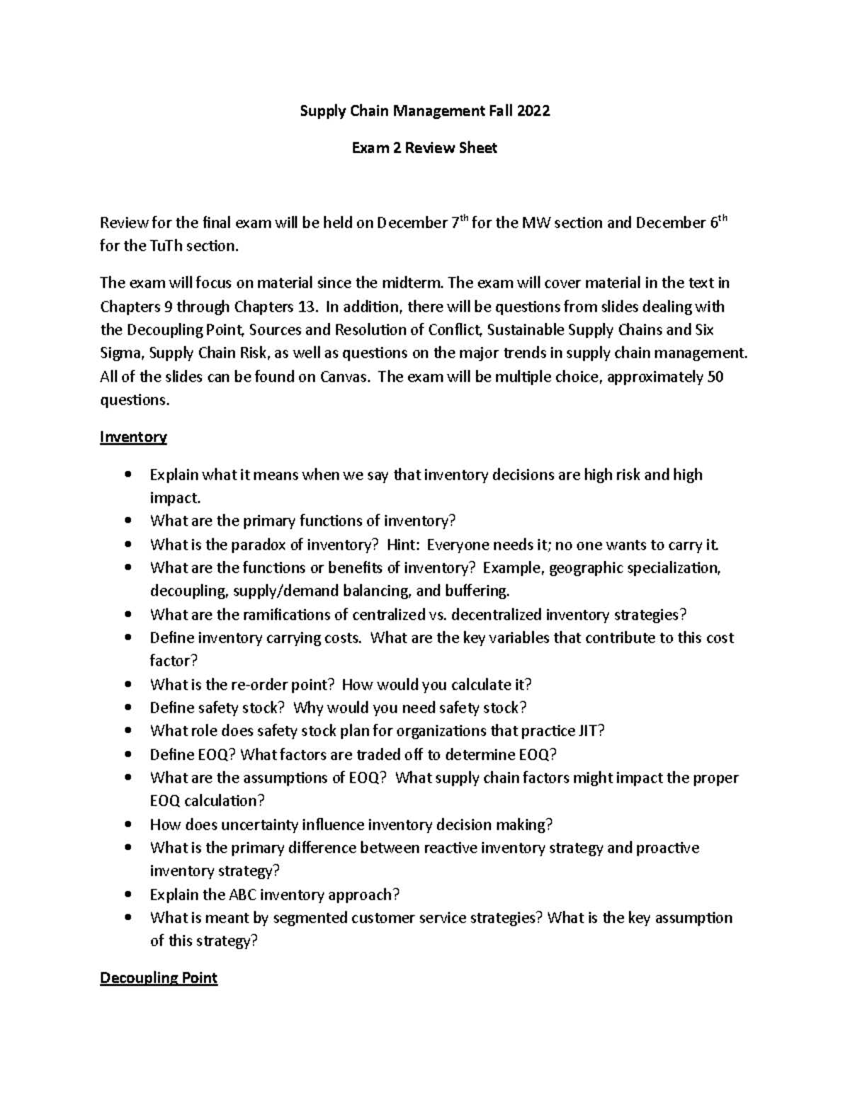 Bmgt372 Final Exam Review Sheet - Supply Chain Management Fall 2022 ...