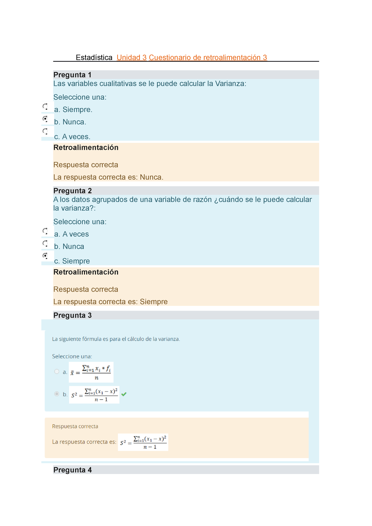 Estadística Retroalimentacion 3 - Estadística Unidad 3 Cuestionario De ...