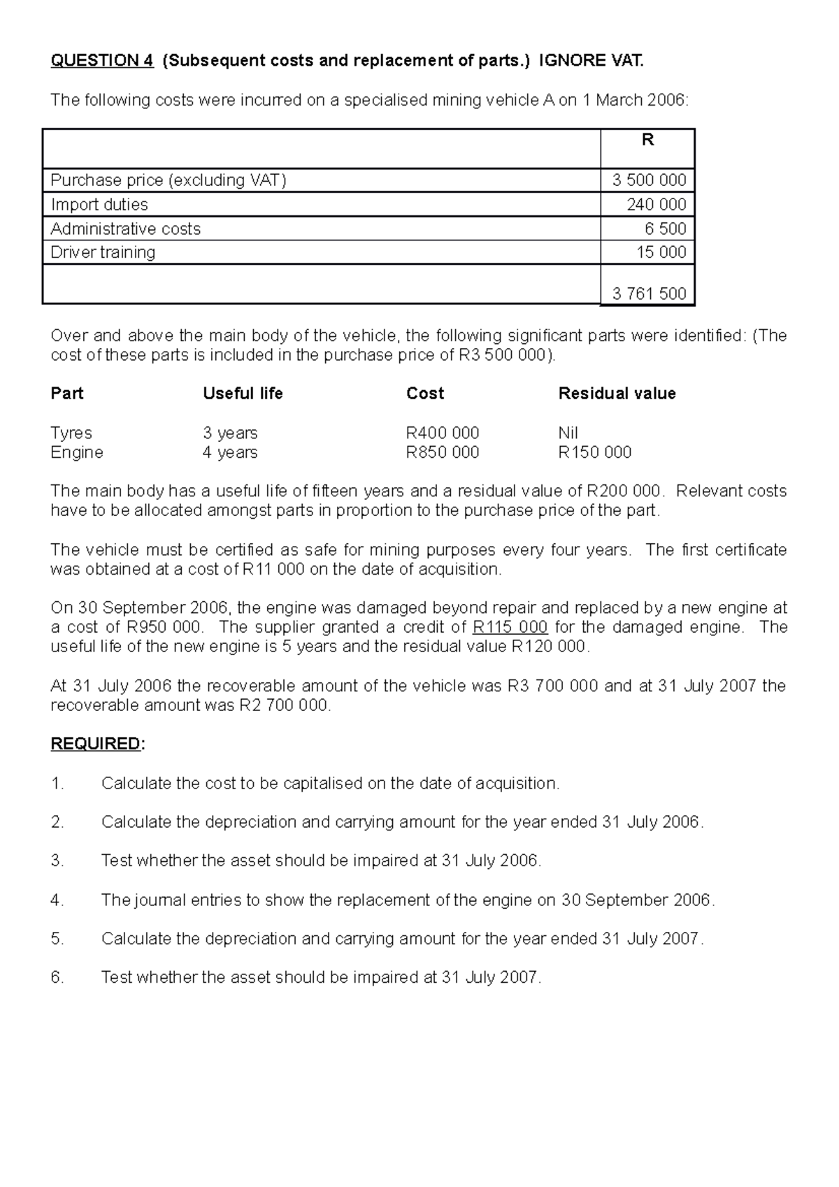 PPE Question 4 Worksheet QUESTION 4 (Subsequent costs and replacement