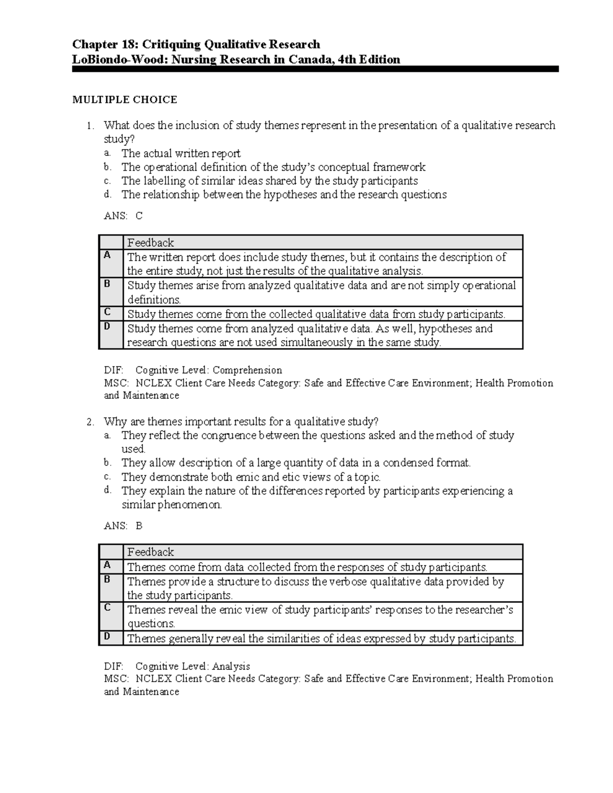 Chapter 18 - Nurs 205 test bank - Chapter 18: Critiquing Qualitative ...