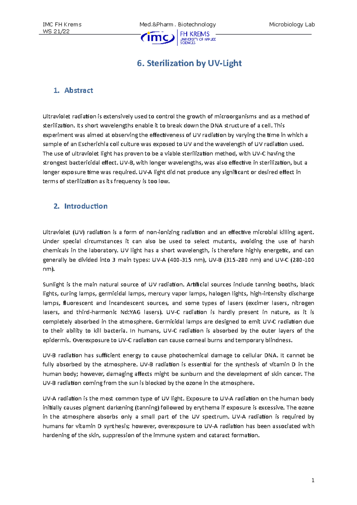 Microbiology, UV Sterilization lab report Medical and Pharmaceutical