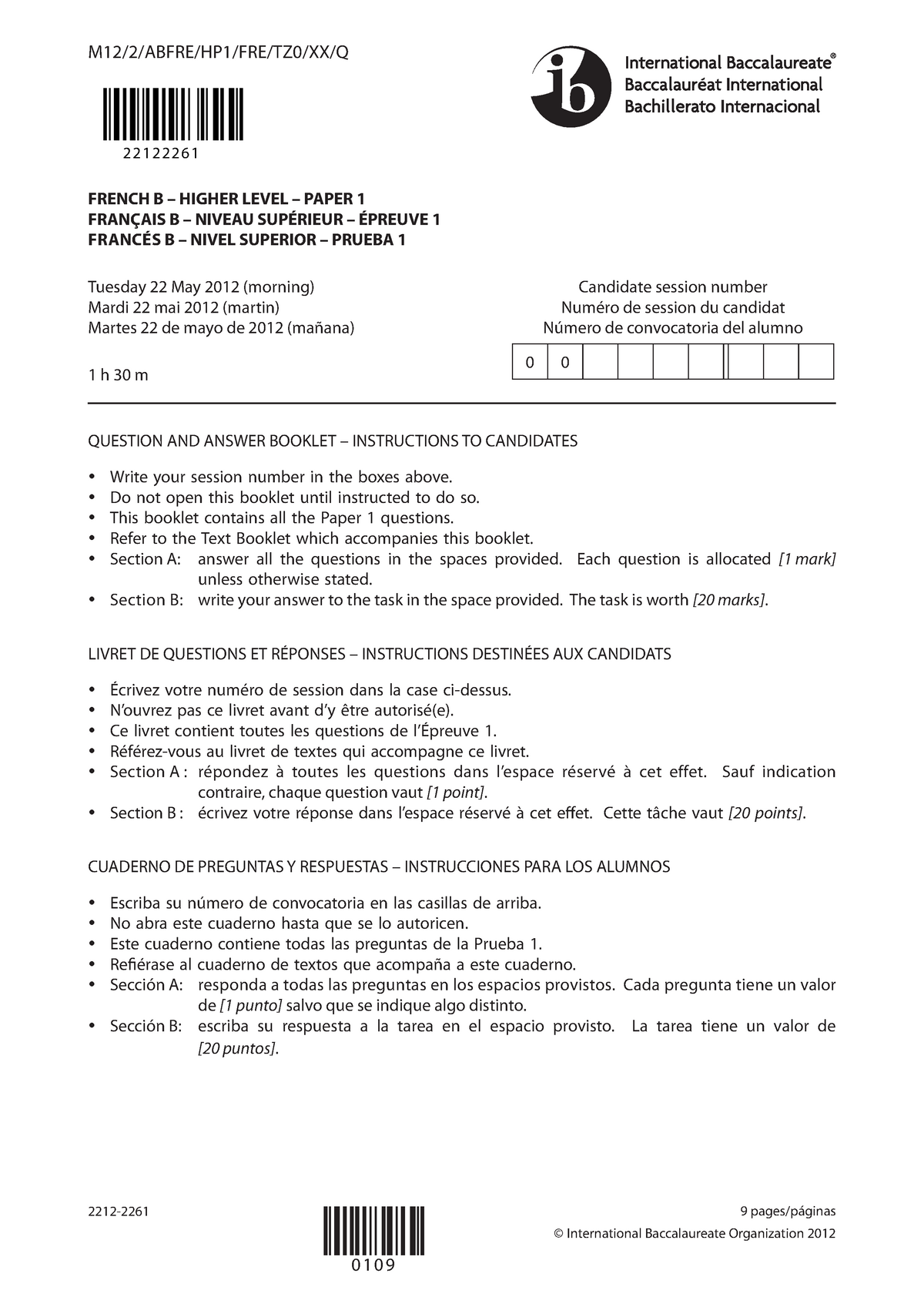 Exam, answers French B HL paper 1 question booklet - 2212-2261 9 pages ...