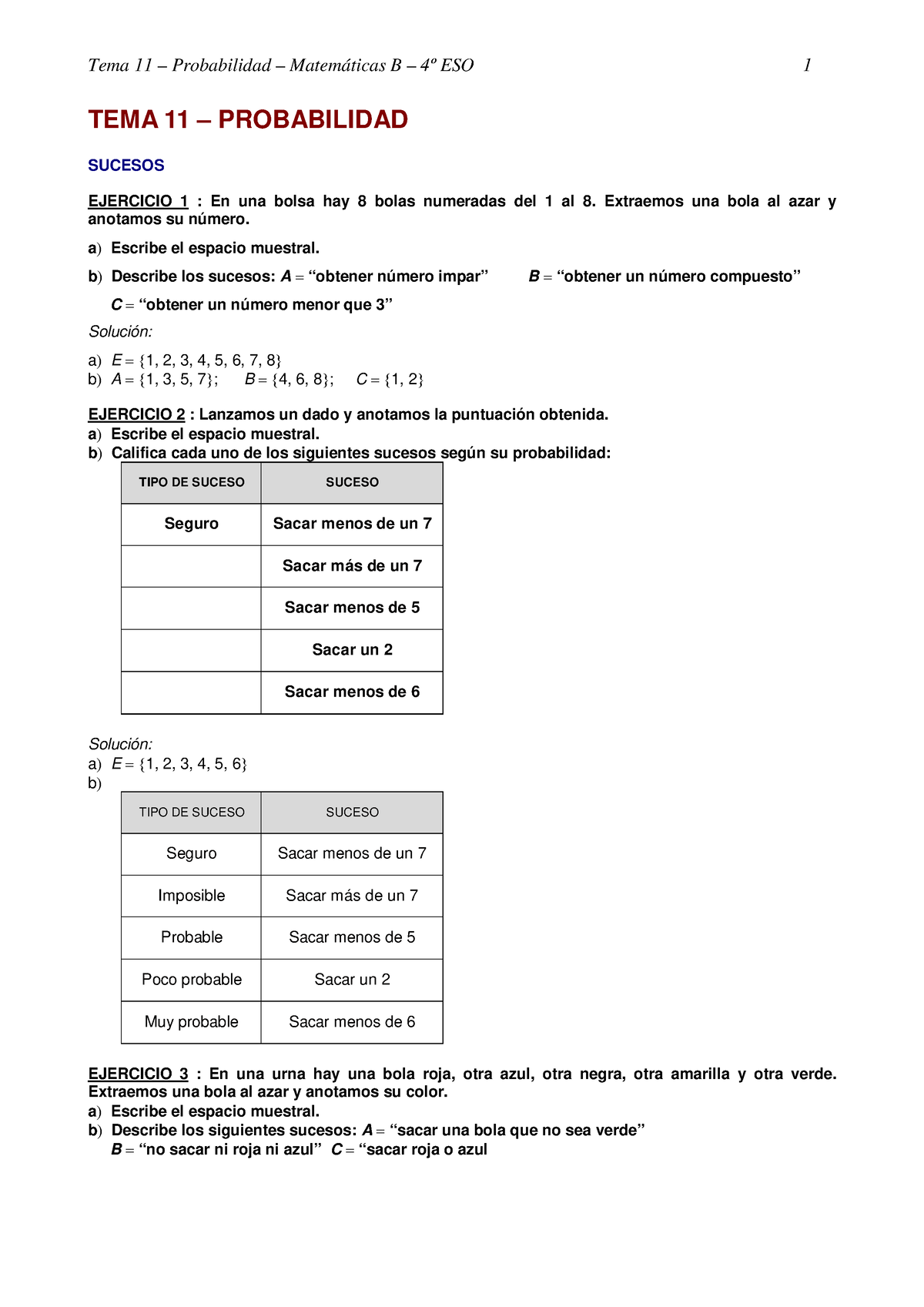 Ejercicios Probabilidad - TEMA 11 – PROBABILIDAD SUCESOS EJERCICIO 1 ...