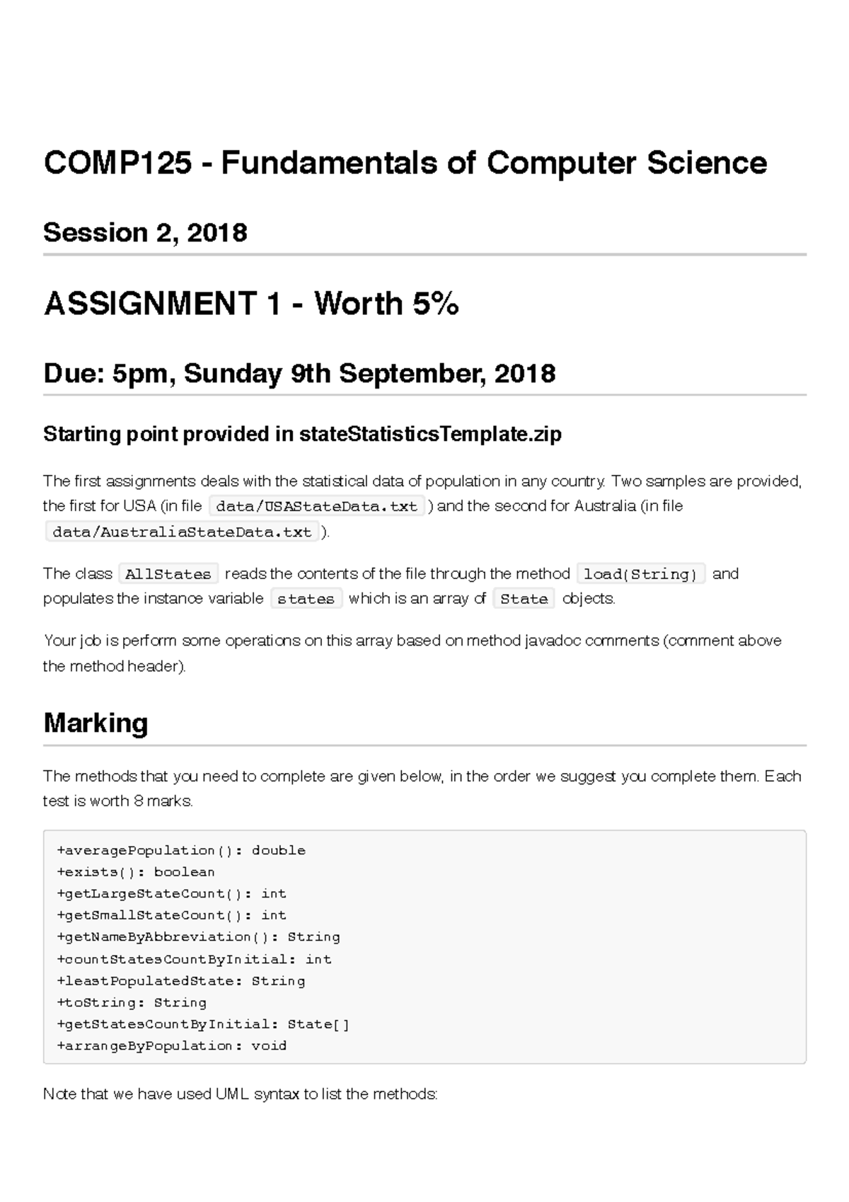 State Statistics Specifications - COMP125 Fundamentals of Computer ...