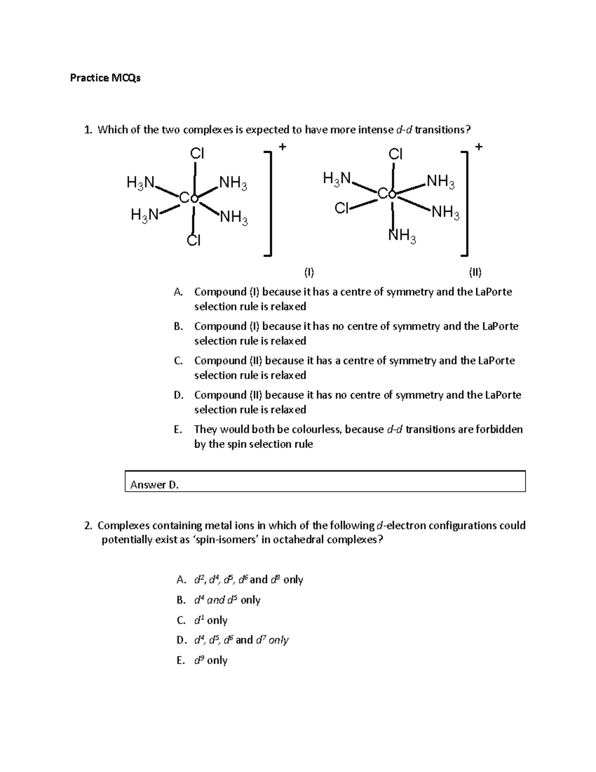 Practice exam MCQs - Practice MCQs Which of the two complexes is ...