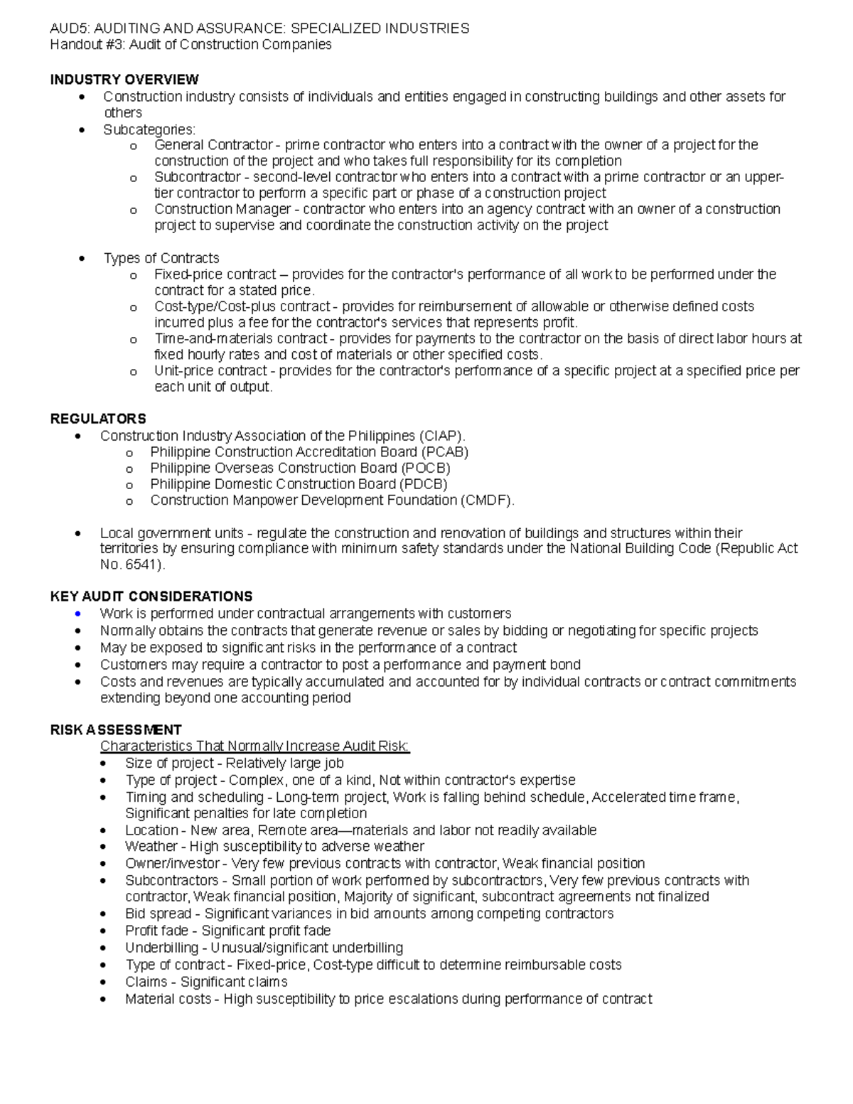 AUD5 Handout 3 Construction - AUD5: AUDITING AND ASSURANCE: SPECIALIZED ...