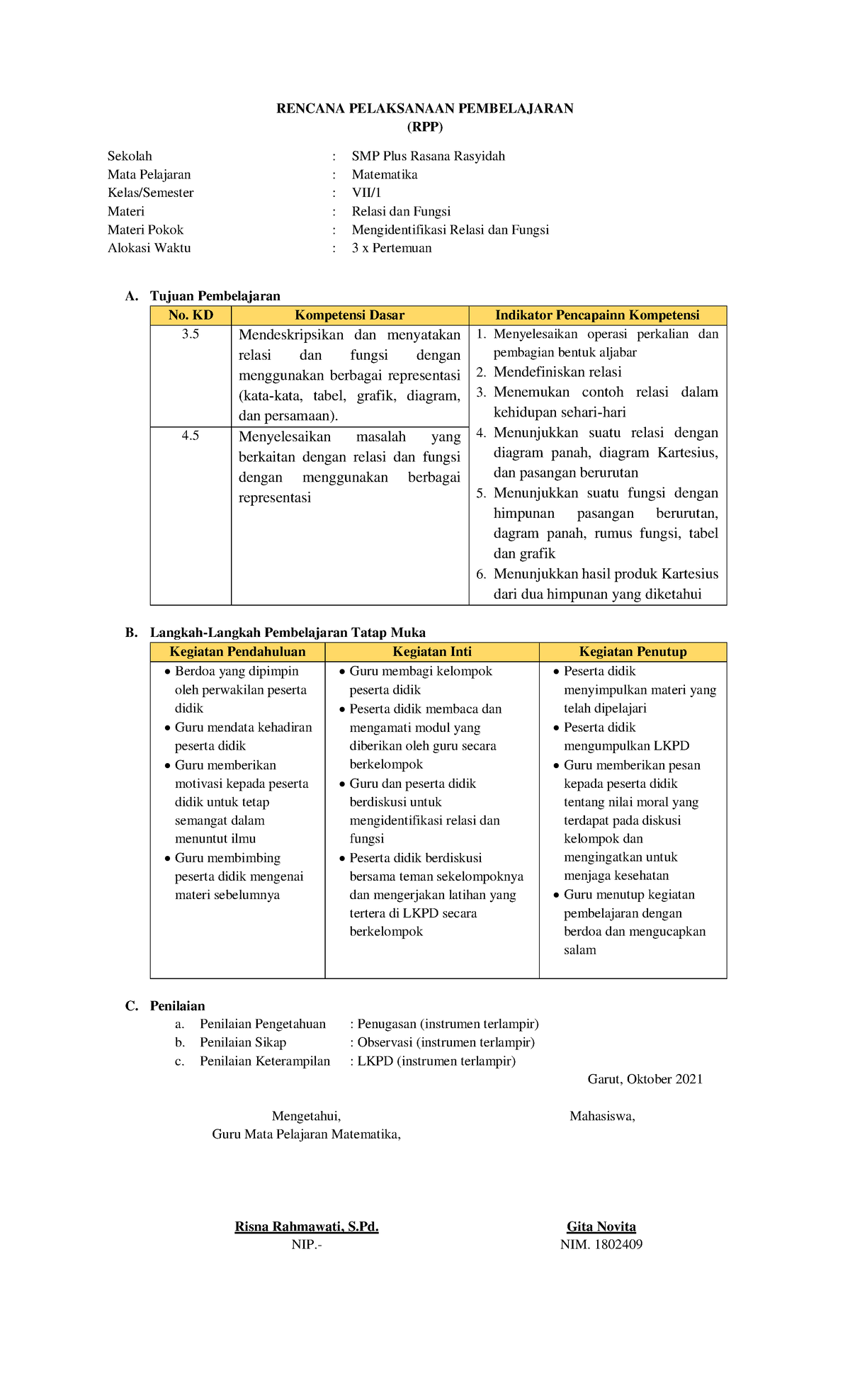 1 Rpp Relasi Dan Fungsi 1 Solve Multiplication And Division Operations Of Algebraic Forms 2 