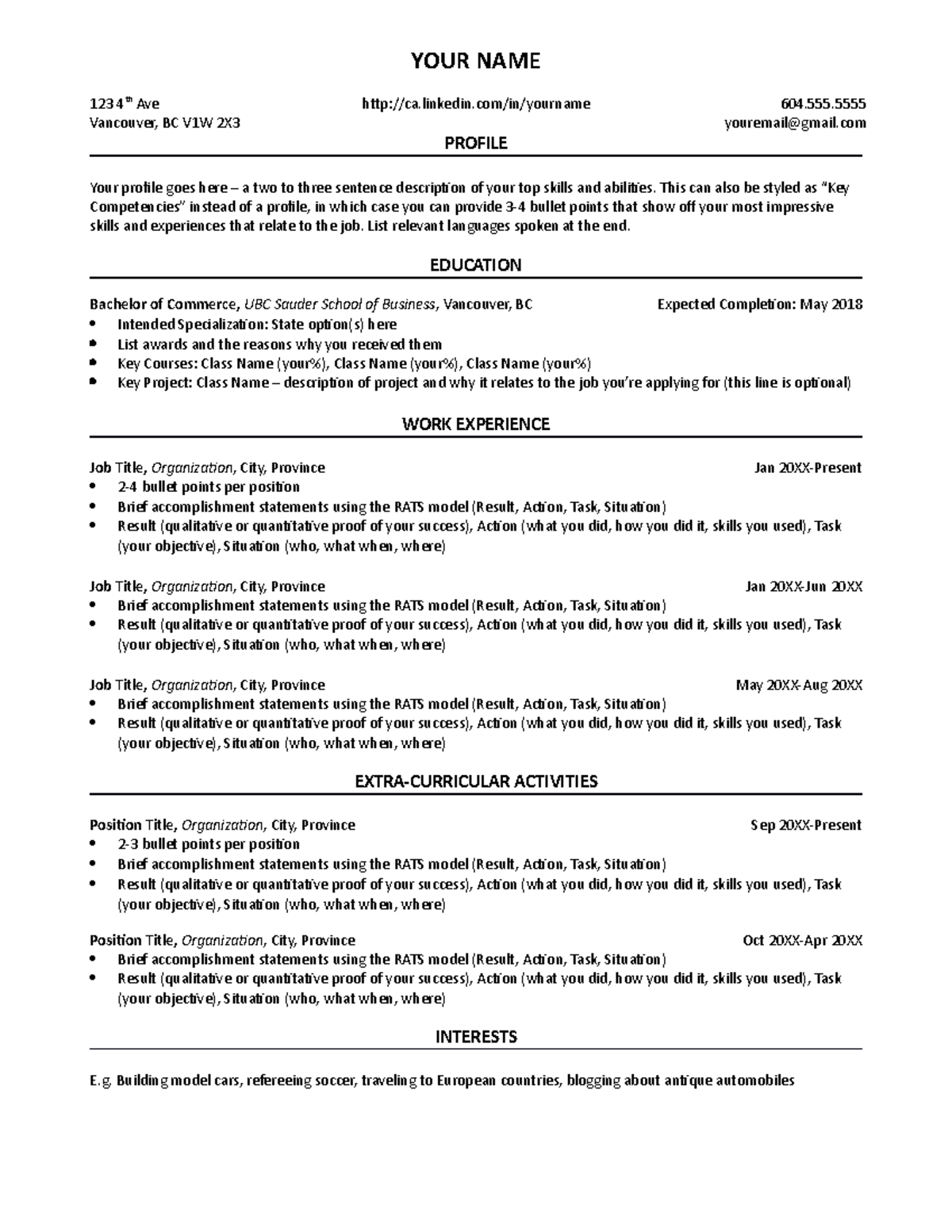 Ubc sauder bcom resume template - YOUR NAME 123 4th Ave ca.linkedin/in ...