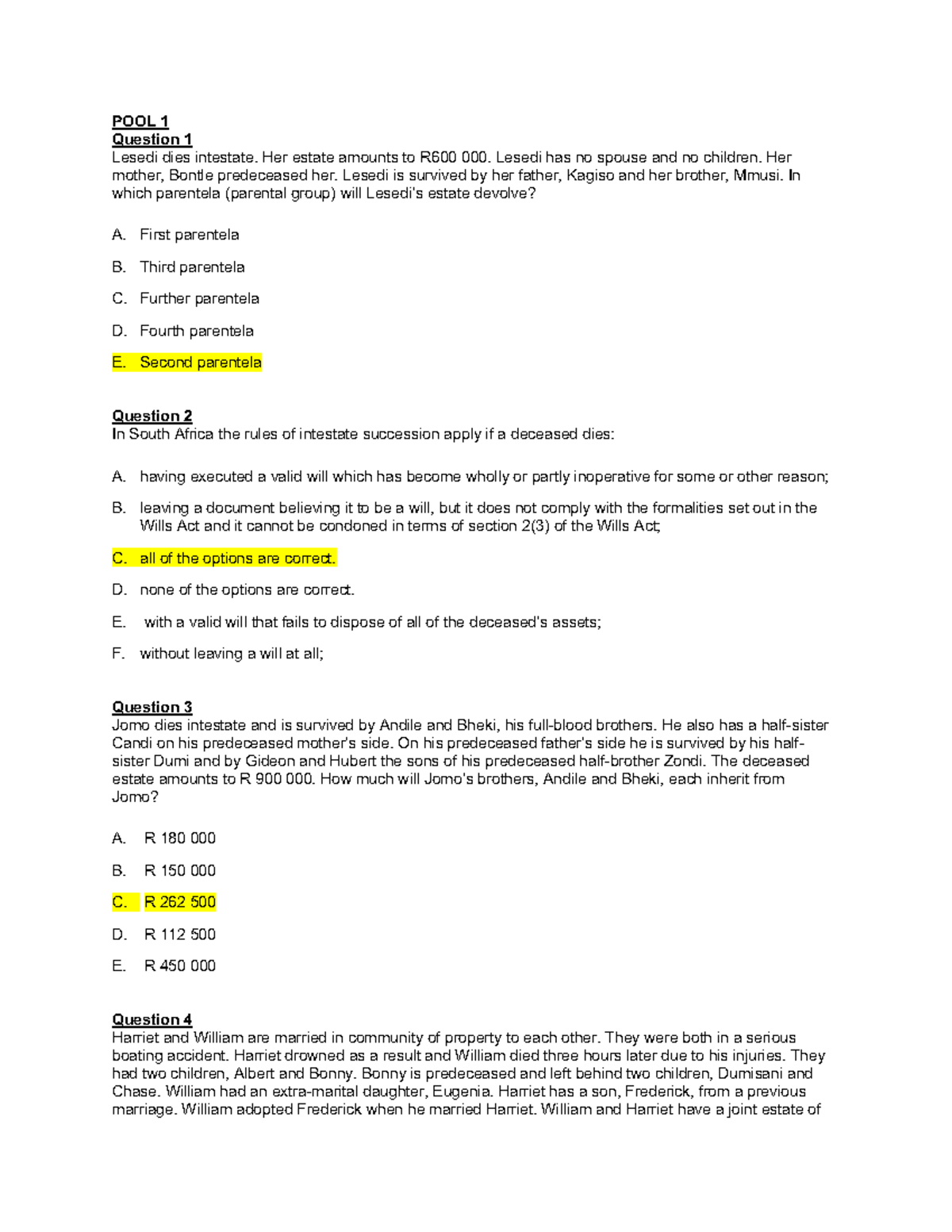 Succession Pool of Questions - POOL 1 Question 1 Lesedi dies intestate ...