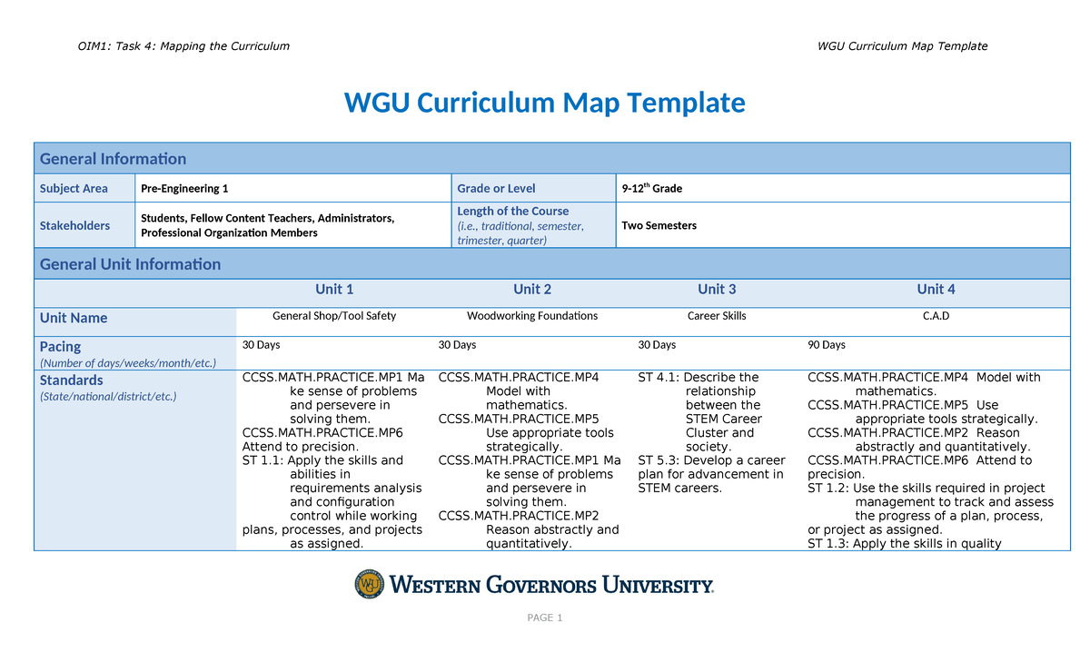 D183 Task 4 - 184 - WGU Curriculum Map Template General Information ...